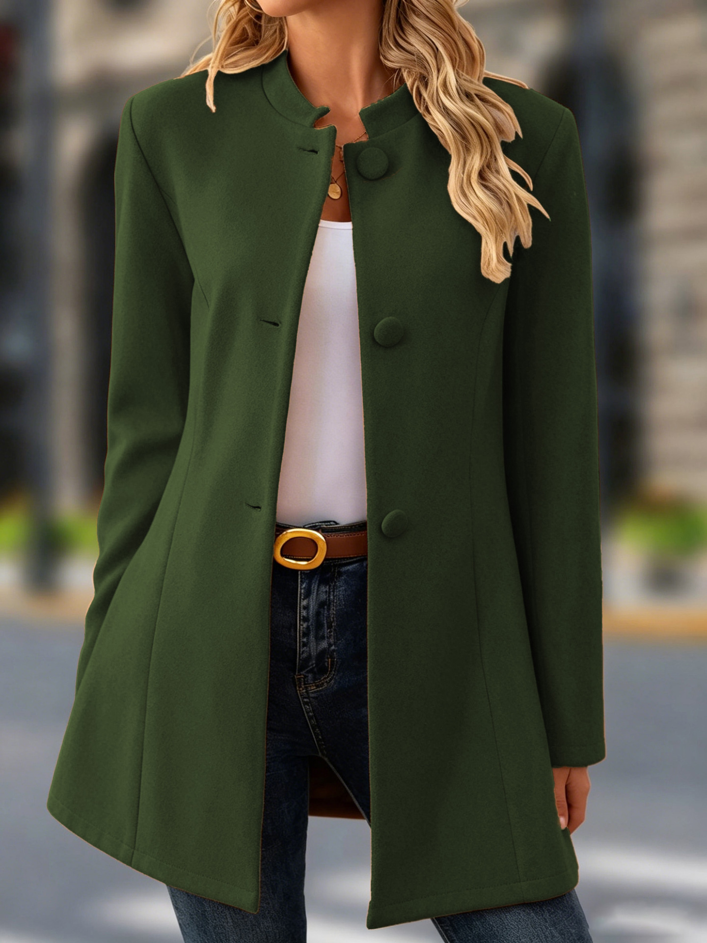 Women's Elegant Stand Collar Green Coat – Classic Long Sleeve Outerwear Jacket Coat