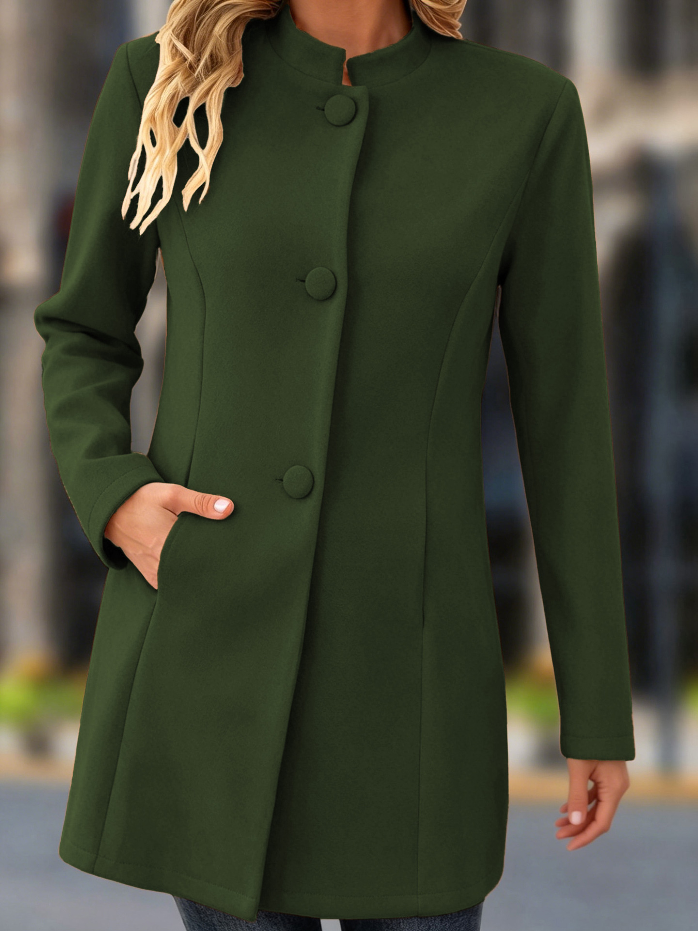 Women's Elegant Stand Collar Green Coat – Classic Long Sleeve Outerwear Jacket Coat