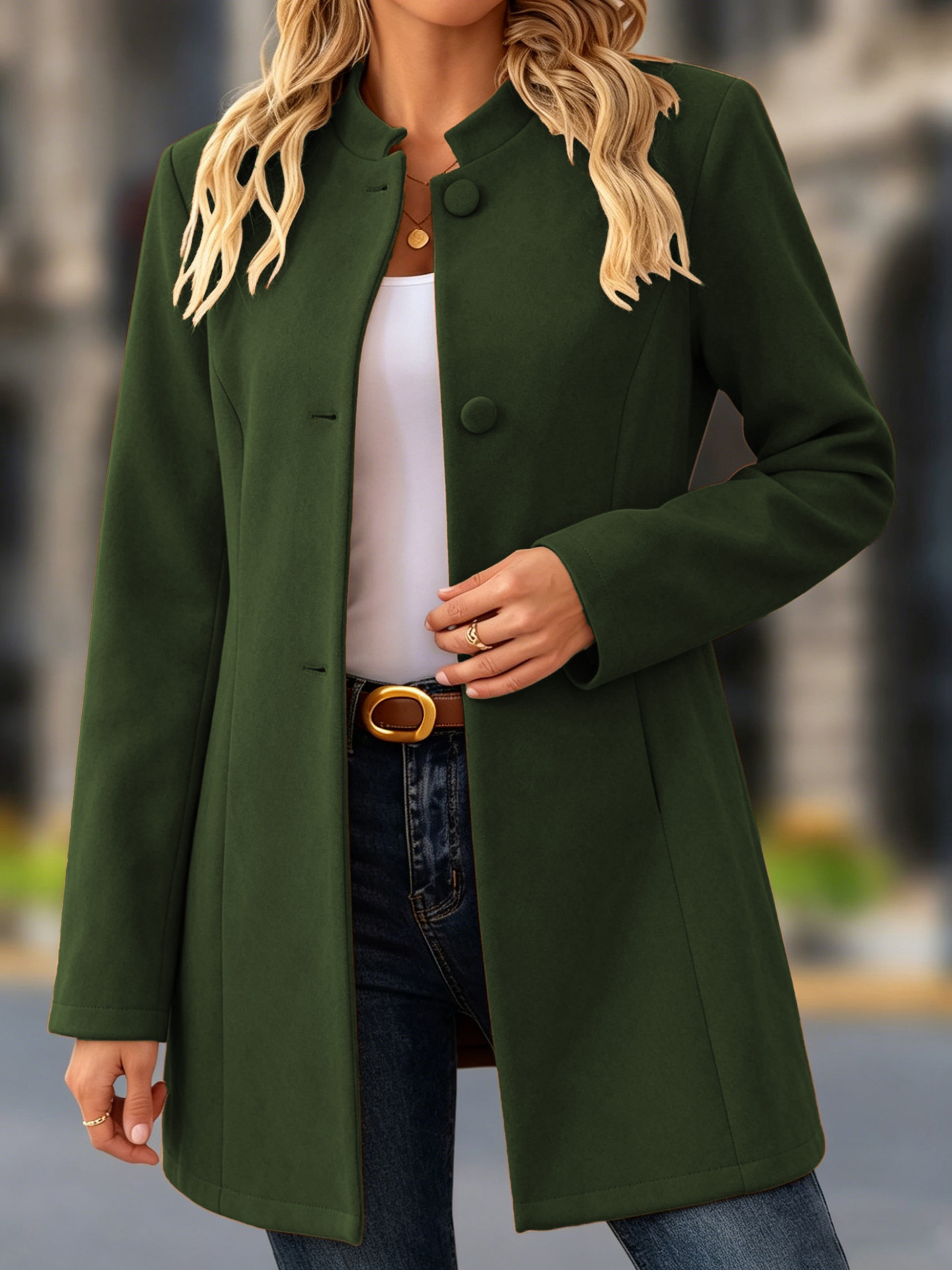 Women's Elegant Stand Collar Green Coat – Classic Long Sleeve Outerwear Jacket Coat