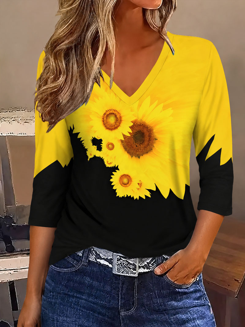 Women’s 3/4 Sleeve Sunflower Print Tunic Tops V Neck Casual Loose Fit Blouse Yellow Black Floral Shirts Lightweight Summer Fall Fashion Top
