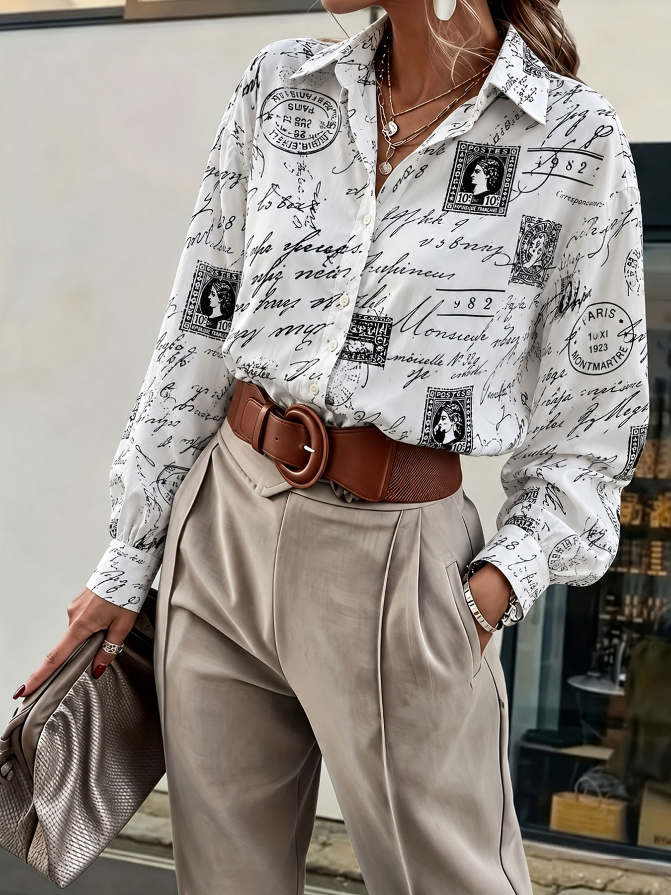 Women's Vintage Paris Postage Stamp Print Shirt, Lapel Collar Long Sleeve Button Down Casual French Style Blouse Top