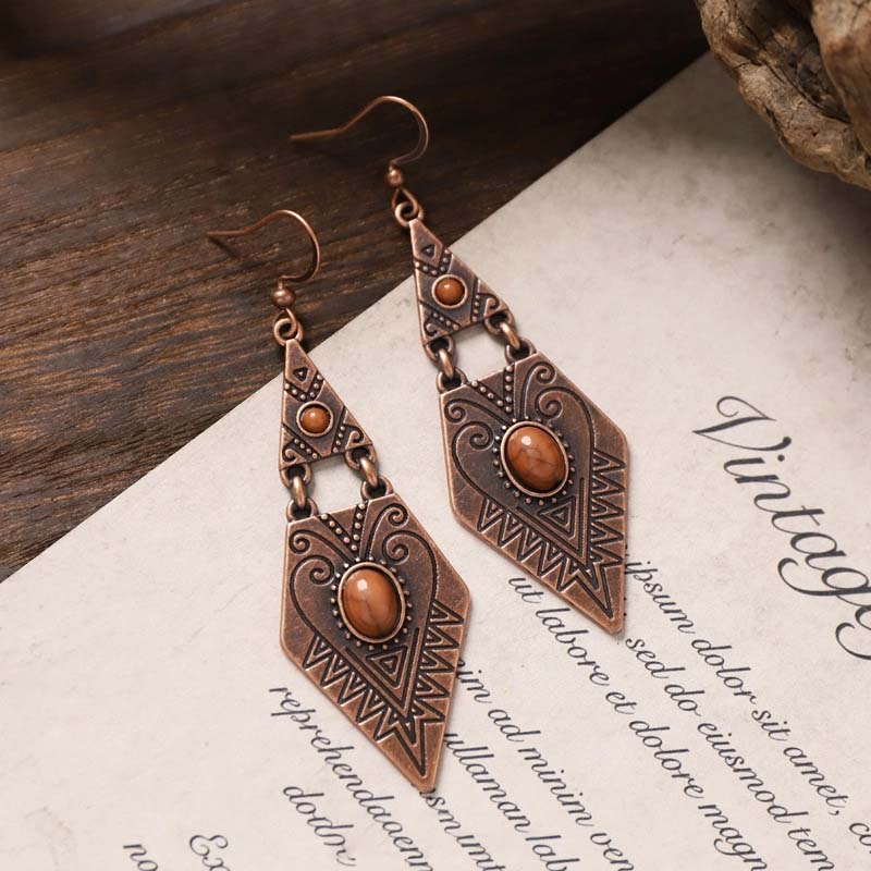 Vintage Two-Tier Diamond Engraved Dangle Earrings, Antique Copper Southwest Tribal Chevron with Faux Tiger Eye Stone Drop Earrings, Bohemian Western Ethnic Hippie Statement Jewelry for Women Beach Festival Gift