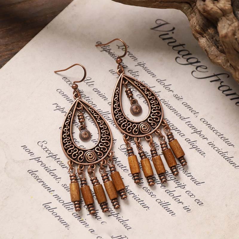 Vintage Teardrop Filigree Dangle Earrings, Antique Copper Openwork Metal with Faux Wood Bead Tassel Drop Earrings, Bohemian Ethnic Hippie Statement Jewelry for Women Festival Beach Gift