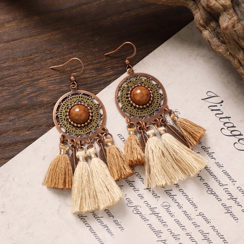 Vintage Boho Dual-Tone Round Filigree Dangle Earrings, Antique Copper Inlaid Faux Tiger Eye Stone with Mixed Khaki Cotton Tassel Fringe Drop Earrings, Ethnic Western Hippie Statement Jewelry for Women Beach Festival Gift