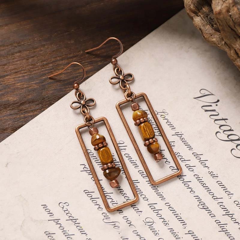 Vintage Four-Leaf Clover Rectangle Dangle Earrings, Antique Copper Frame Natural Tiger Eye Stone Bead Drop Earrings, Bohemian Minimalist Ethnic Statement Jewelry for Women Daily Gift