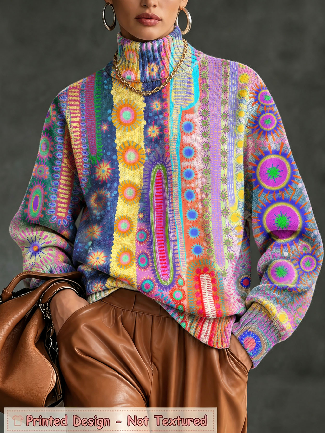 Women's Oversized Turtleneck Sweater, Bohemian Ethnic Colorful Geometric Sun Print Long Sleeve Loose Casual Fall Winter Pullover Knit Top