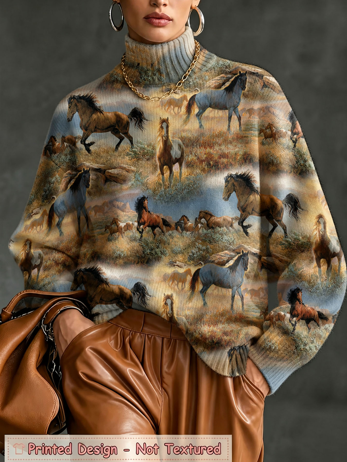 Women's Oversized Turtleneck Sweater, Wild Horses Prairie Landscape Oil Painting Print Long Sleeve Loose Casual Fall Winter Pullover Knit Top