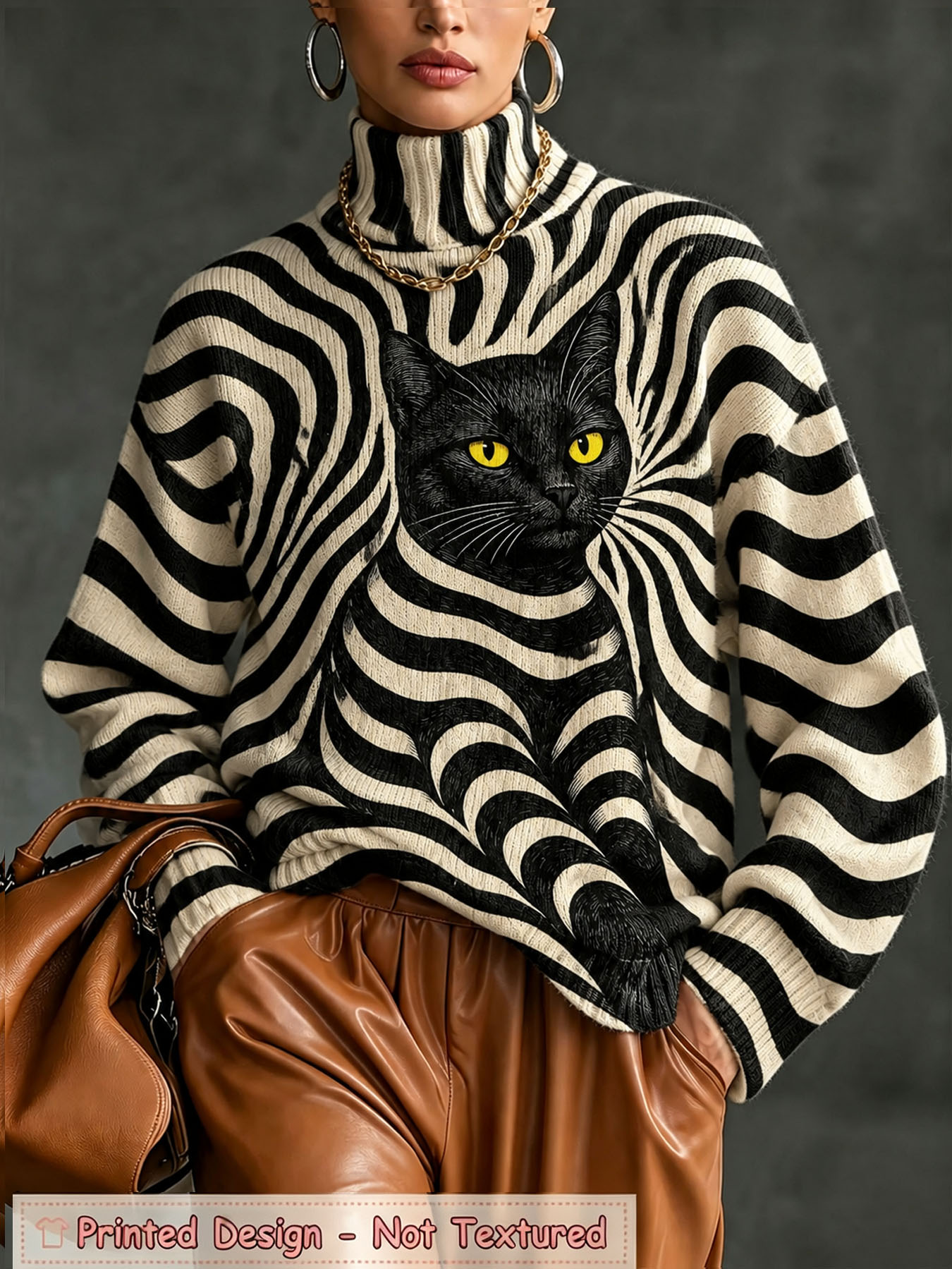 Women's Oversized Turtleneck Sweater, Black Cat with Swirl Optical Illusion Print Long Sleeve Loose Casual Fall Winter Pullover Knit Top