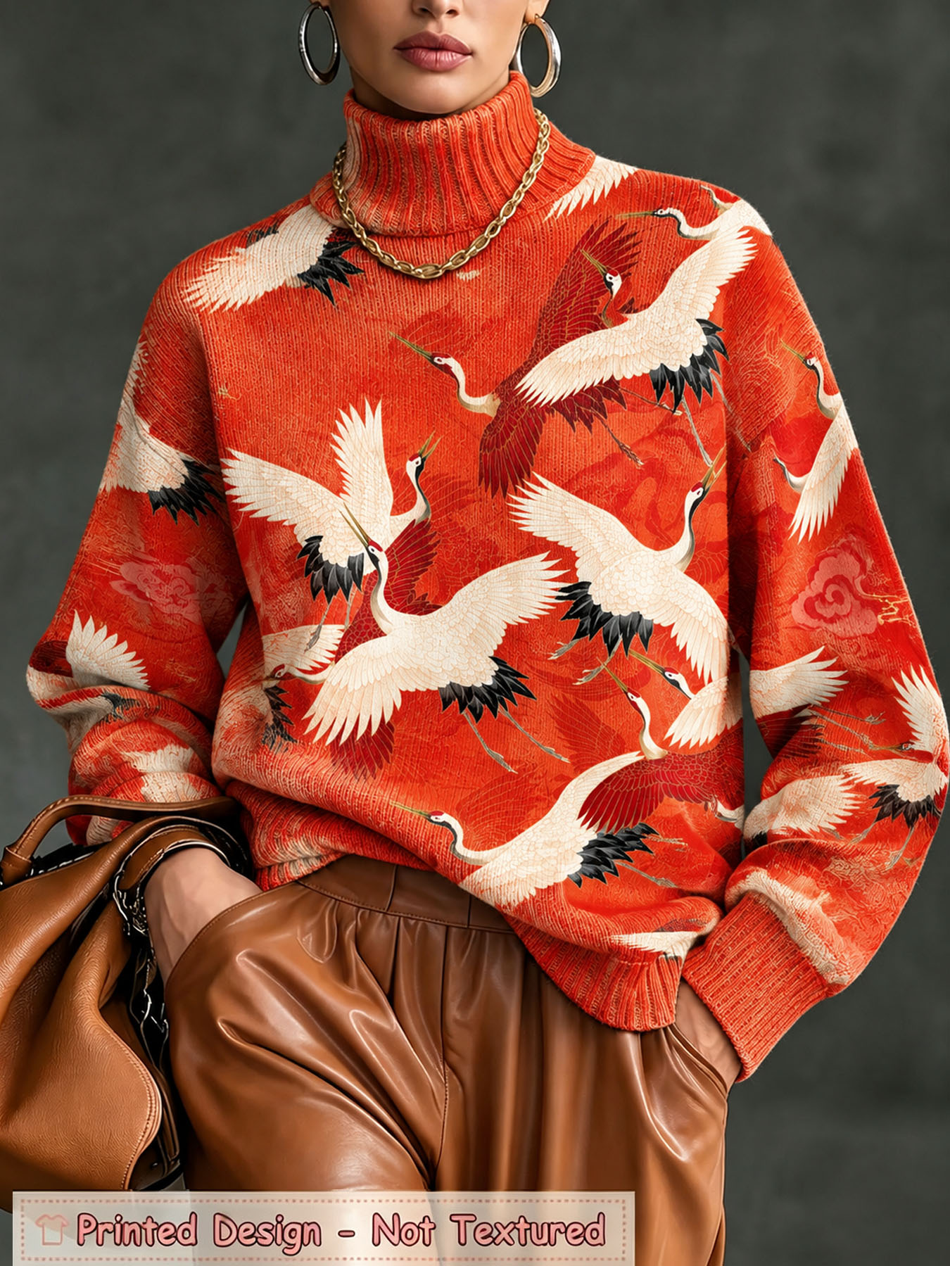 Women’s Red Crane Print Sweater – Oversized Cozy Turtleneck Knit Top with Artistic Bird Design