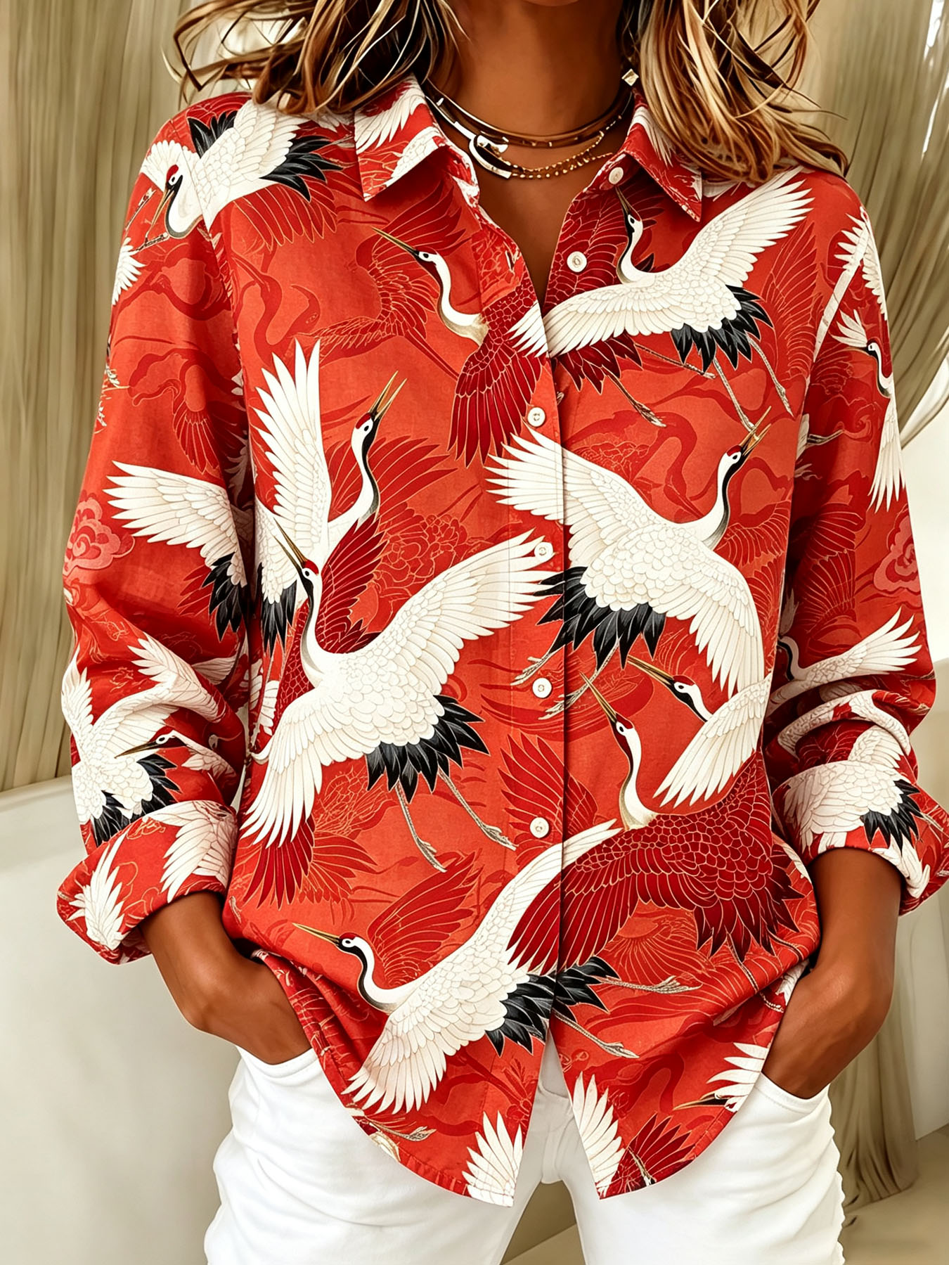 Women's Long Sleeve Button Down Shirt, Red Japanese Crane Print Collared Loose Fit Casual Blouse Lightweight Breathable Tunic Top  >