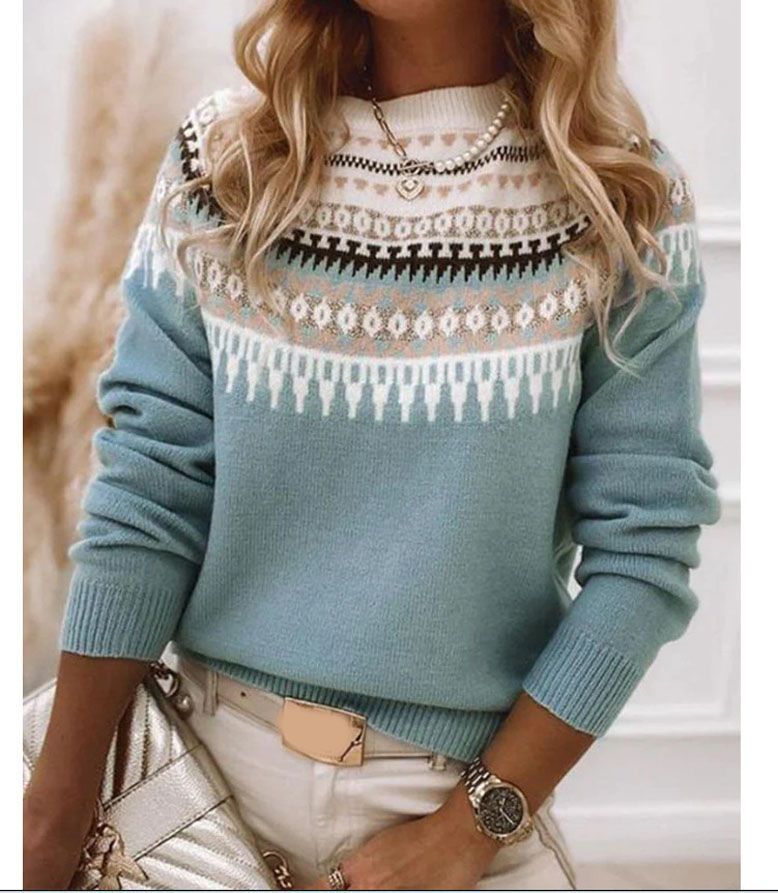 Women's Nordic Pattern Knit Sweater – Cozy Long Sleeve Pullover with Elegant Winter Print