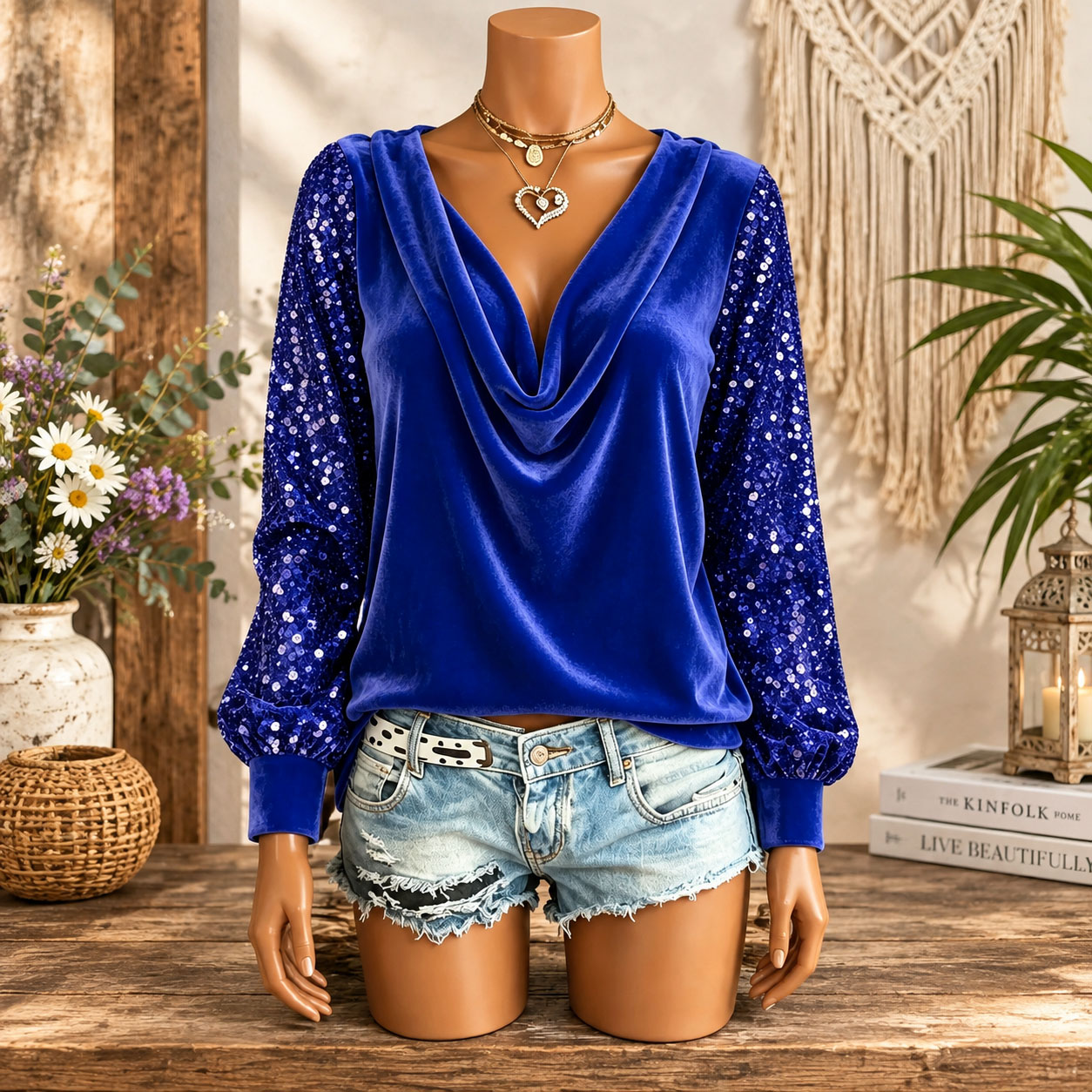 Women’s Velvet Cowl Neck Long Sleeve Top with Sequin Sleeves