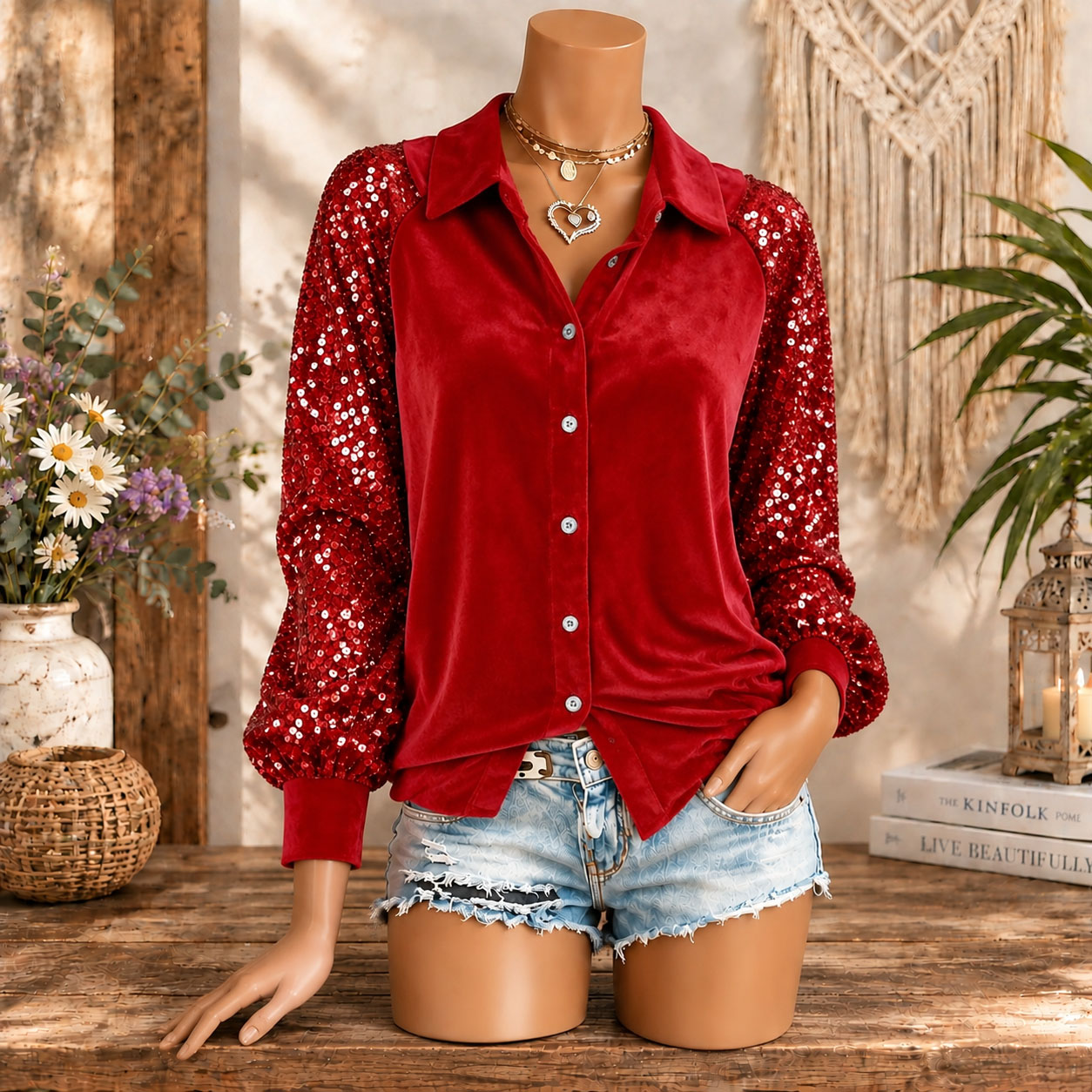 Women's Velvet Button Down Shirt Sequin Long Sleeve Blouse Elegant Sparkle Party Top Casual Luxury Shirt for Fall Winter