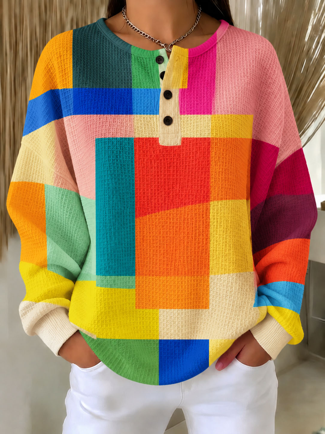 Women's Waffle Knit Henley Sweatshirt Color Block Geometric Plaid Print Long Sleeve Loose Casual Pullover Top