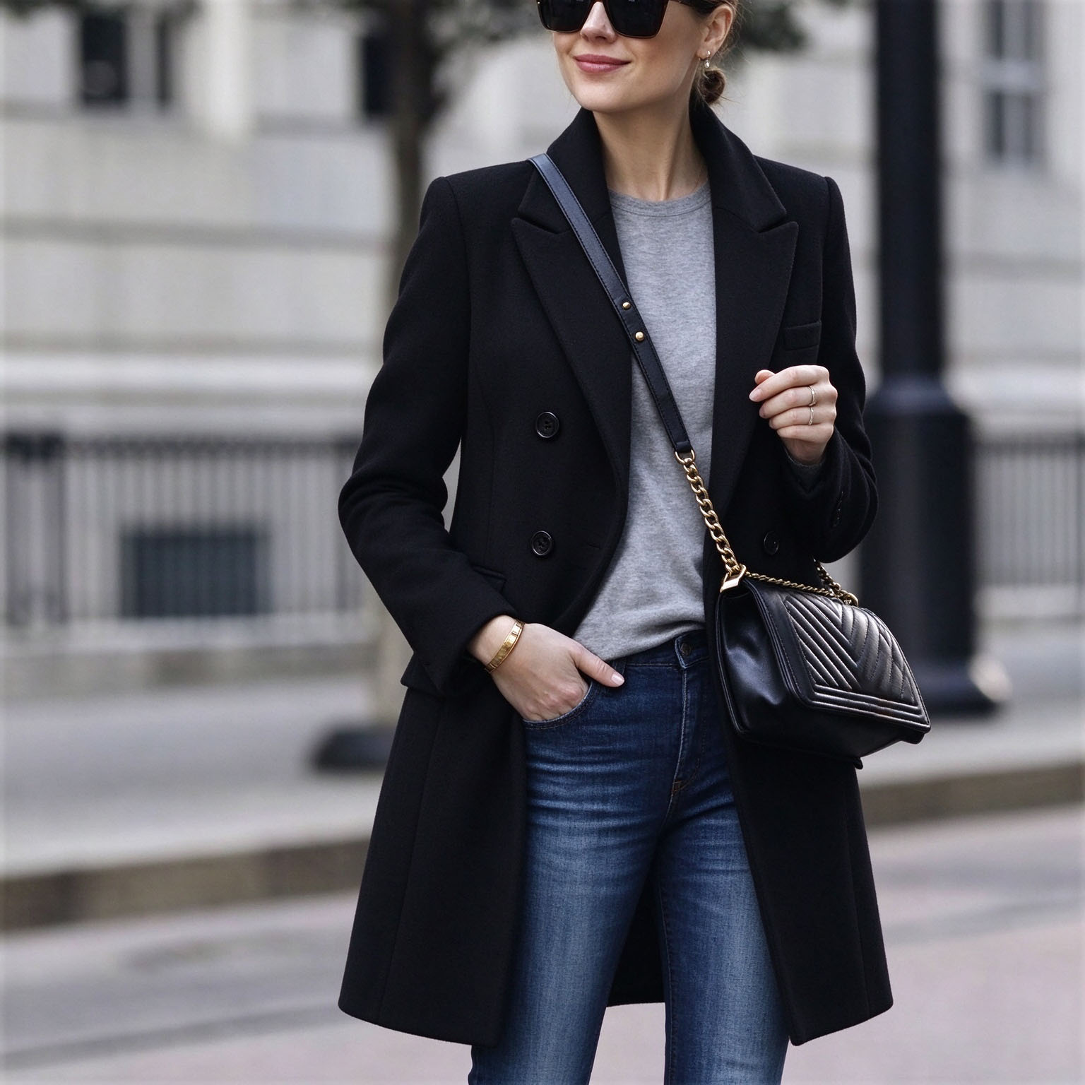 Women's Double Breasted Midi Coat, Notched Lapel Long Sleeve Polyester Dress Coat, Classic Solid Formal Work Outerwear  