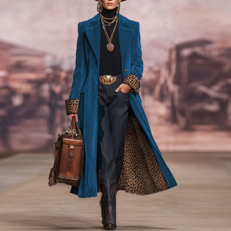 Women's Long Velvet Coat with Leopard Print Lining, Vintage Lapel Long Sleeve Open Front Jacket, Elegant Statement Outerwear for Fall and Winter