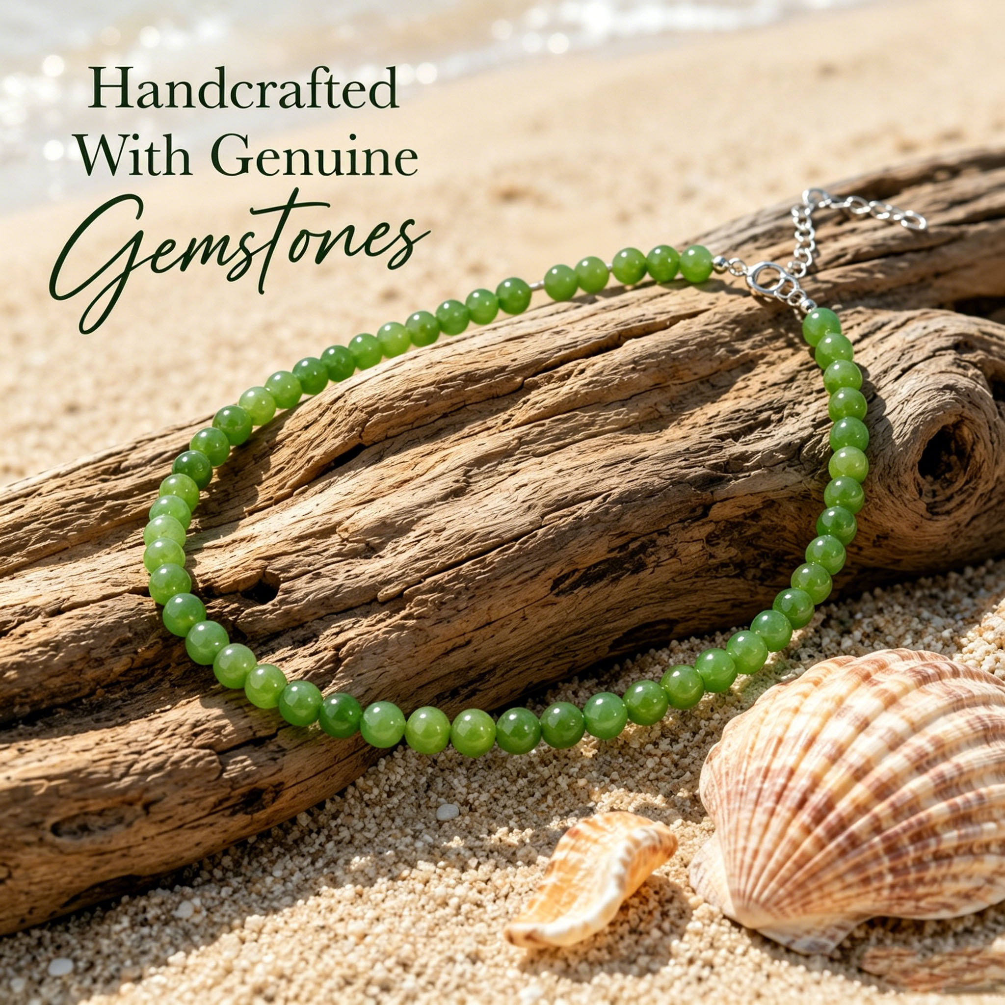 Olive Green Natural Stone Beaded Necklace – Mediterranean Resort Style Gemstone Jewelry | Handmade Crystal Necklace for Women | Fresh Boho Beach Vacation Strand