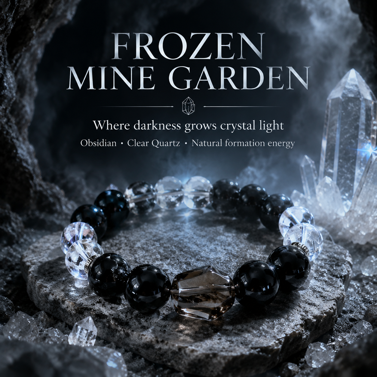 Obsidian Night Garden Crystal Bracelet - A quiet ecosystem suspended between darkness and light