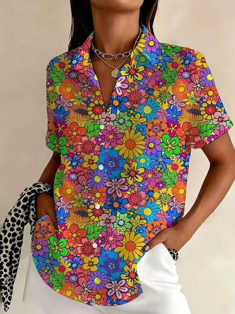 Women’s Colorful Retro Floral Button-Up Shirt – Short Sleeve Casual Blouse