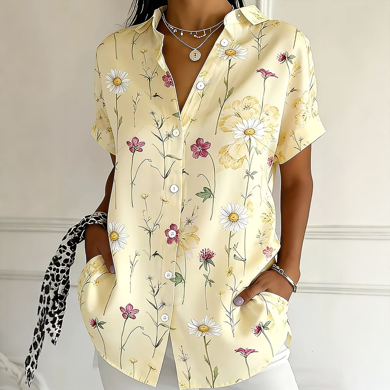 Women's Floral Print Short Sleeve Button Down Shirts, Lightweight Polyester Collared Pocket Blouses Casual Summer Loose Fit Tops