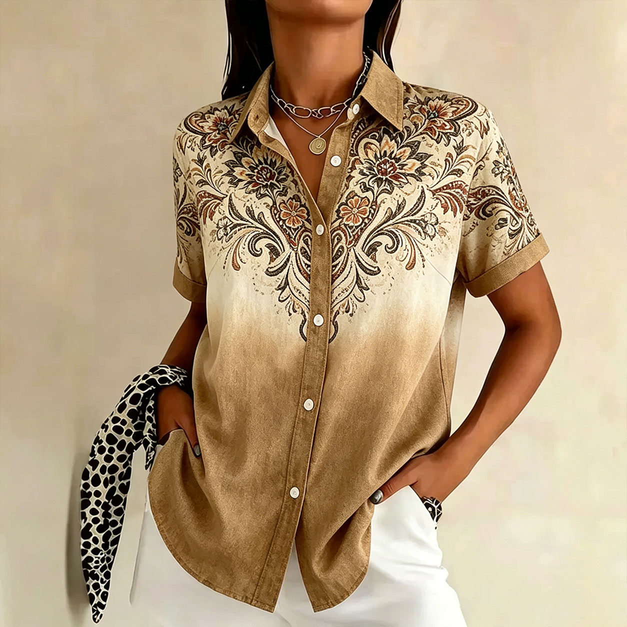 Women Vintage Paisley Floral Gradient Short Sleeve Button Down Shirts, Lightweight Polyester Lapel Collar Pocket Blouses, Casual Loose Fit Summer Tops-gemscharms