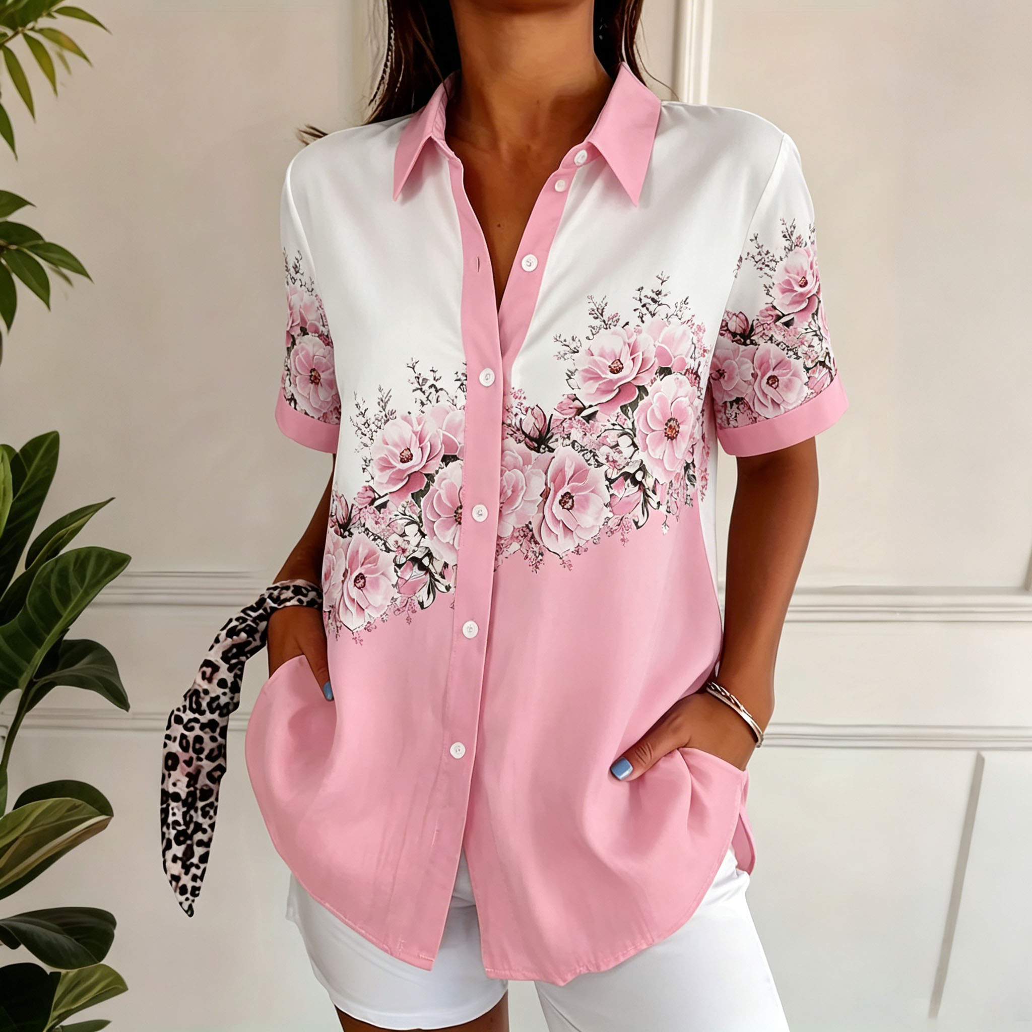 Women Pink Rose Floral Color Block Short Sleeve Button Down Shirts, Lightweight Polyester Lapel Collar Pocket Blouses, Casual Loose Fit Summer Printed Tops