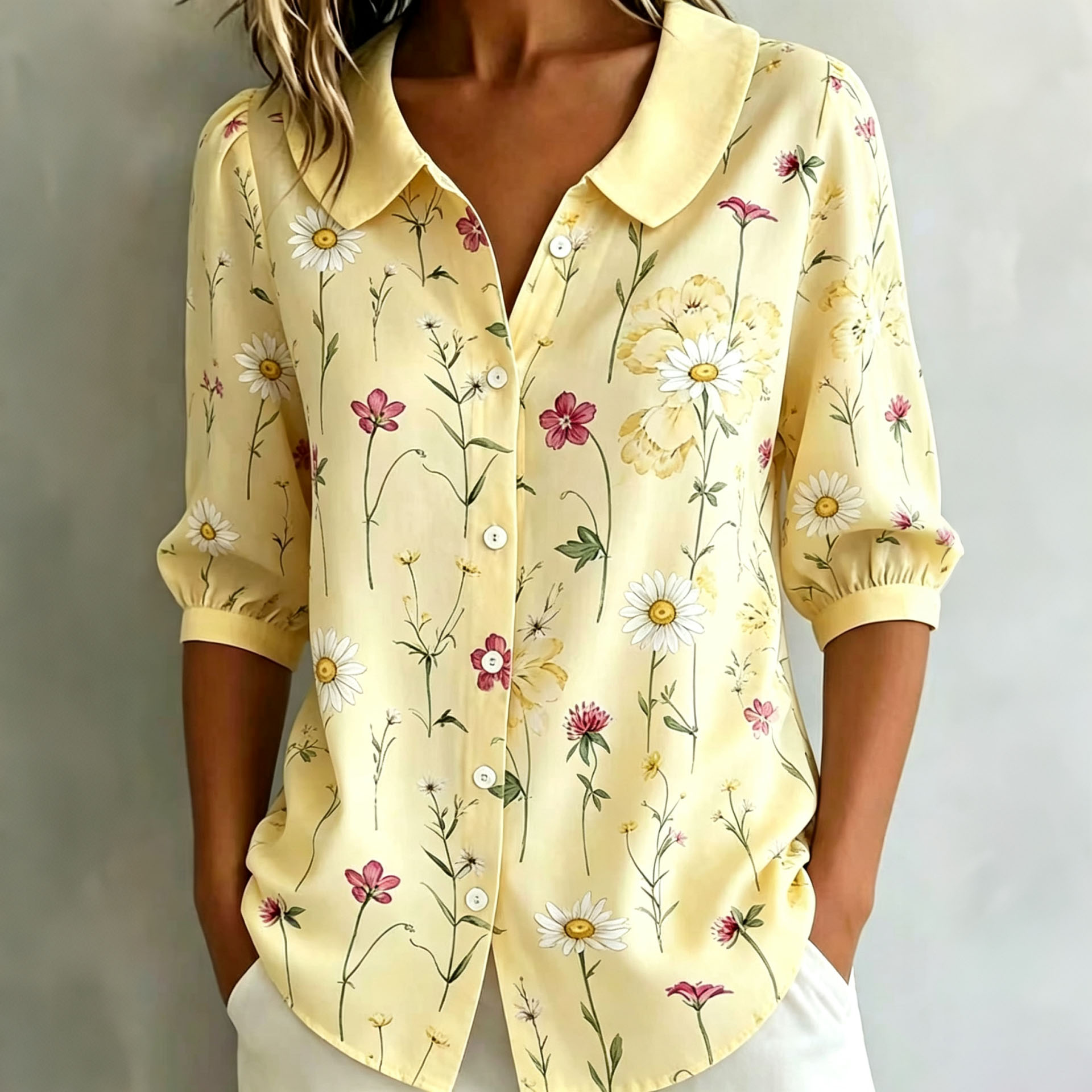 Women Vintage Wildflower Print Peter Pan Collar Blouse, 3/4 Puff Sleeve Button Down Shirts, Lightweight Polyester Casual Loose Floral Tops with Side Pockets