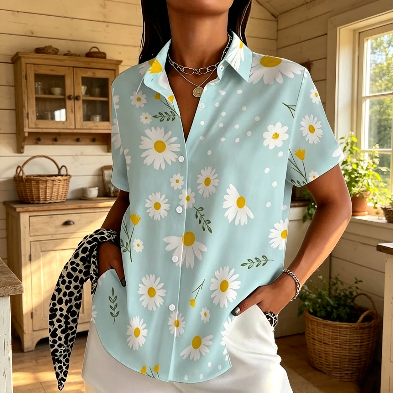 Women's Light Blue Daisy Print Short Sleeve Button Down Shirts, Casual Lapel Collar Loose Summer Blouses, Polyester Soft Floral Shirts for Daily Vacation-gemscharms