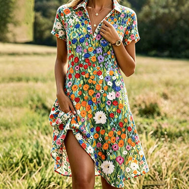 Women’s Floral Print Shirt Dress – Lightweight Polyester Summer Casual Midi Dress with Button Front