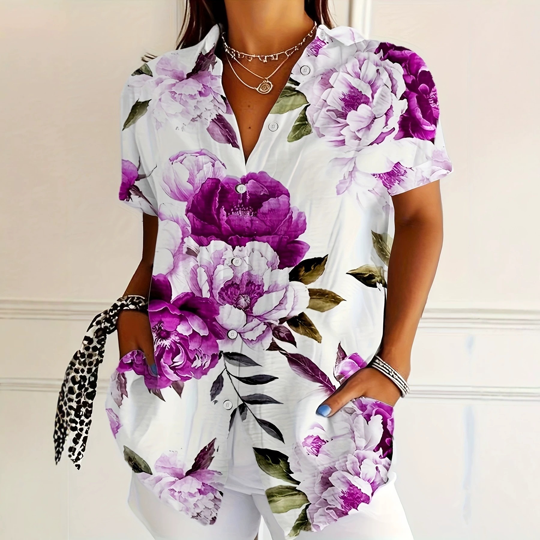 Women’s Short Sleeve Collared Button Down Shirt, Lightweight Polyester Watercolor Purple Peony Floral Print Casual Blouse with Side Pockets for Summer Vacation