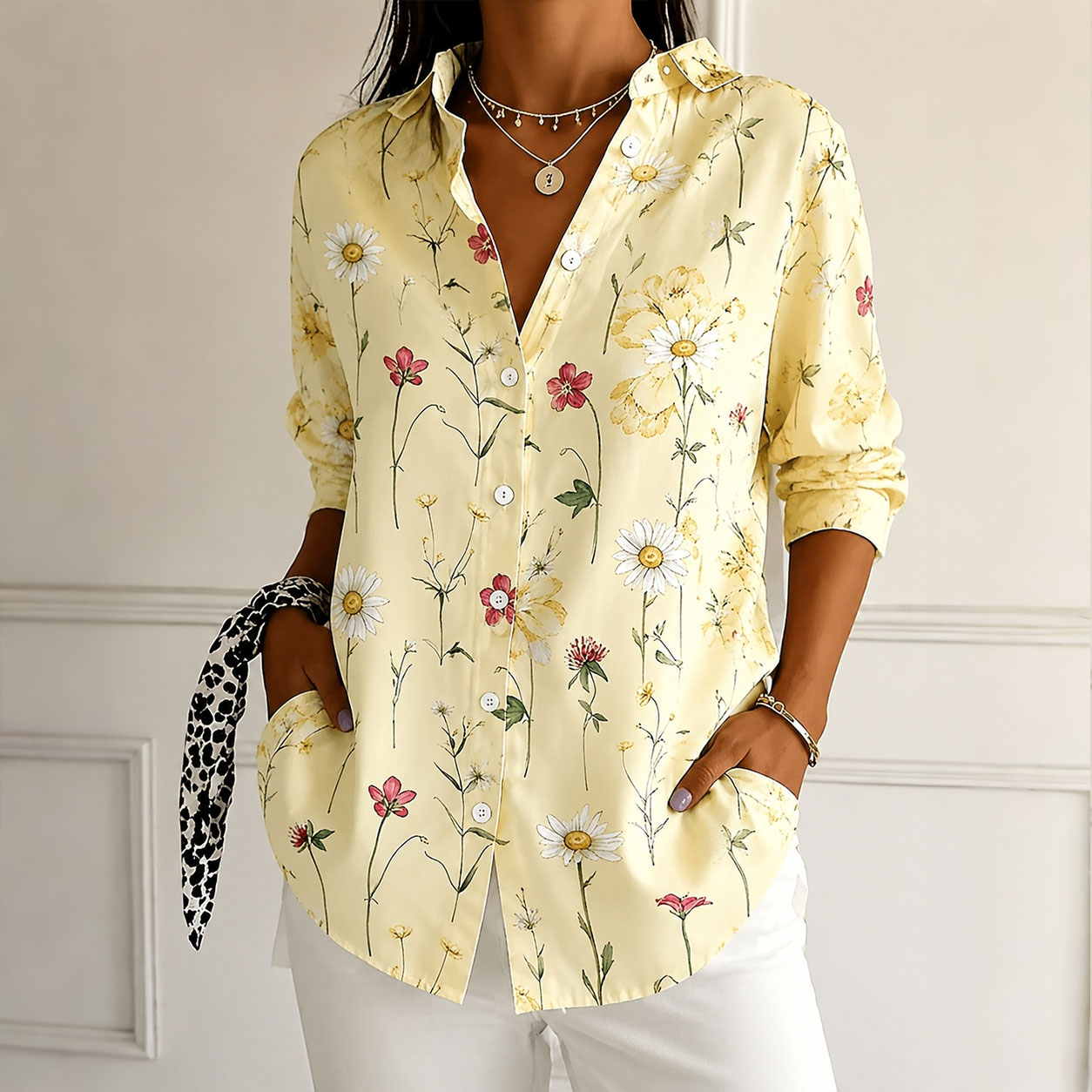 Women’s Floral Print Button Down Shirt Yellow Botanical Blouse Long Sleeve Casual Loose Fit Top Lightweight Vintage Inspired Shirt for Women