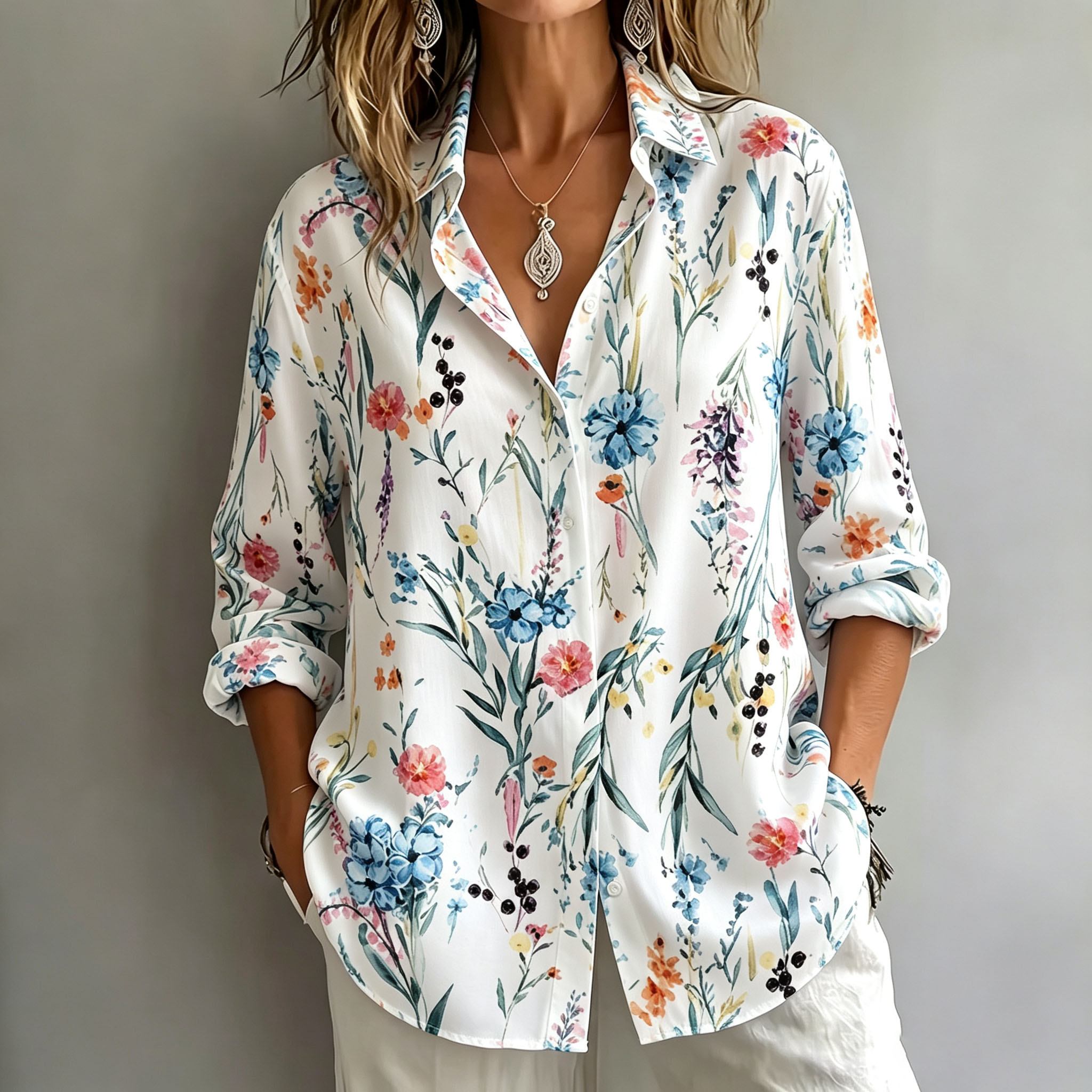 Women’s Floral Print Button Down Shirt – Lightweight Casual Long Sleeve Blouse with Soft Polyester Fabric