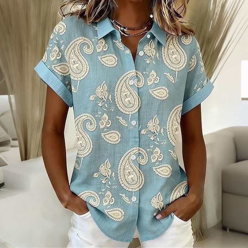 Women’s Paisley Print Short Sleeve Button Down Shirt – Casual Loose Fit Blouse with Lightweight Polyester Fabric