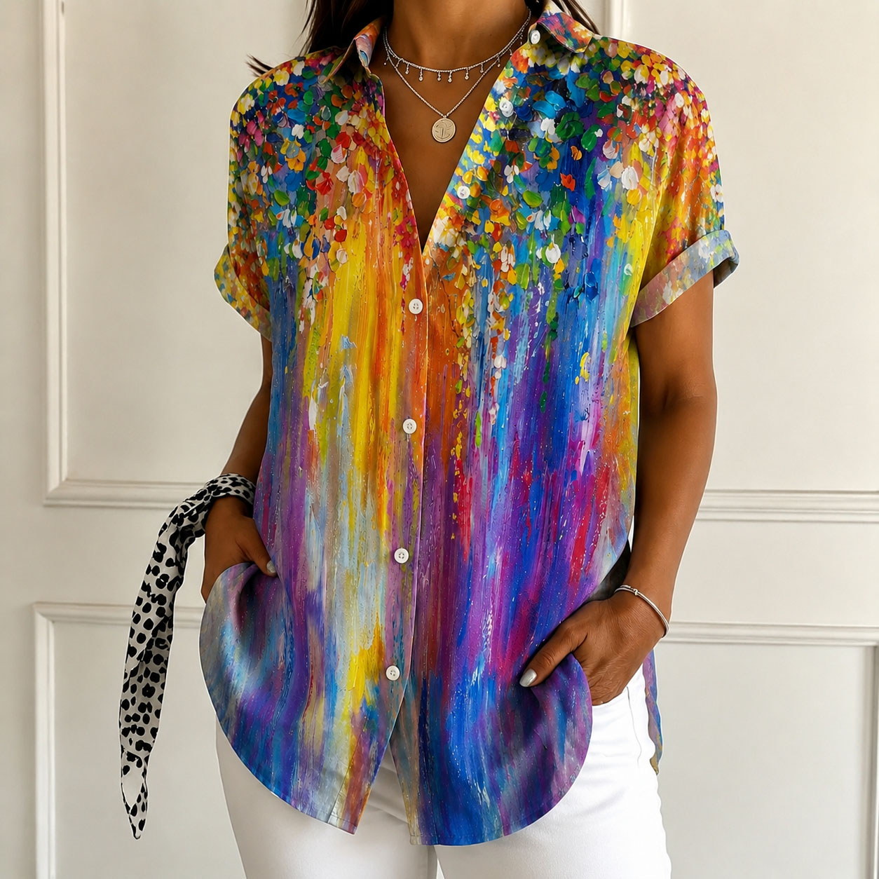 Women's Abstract Colorful Print Button Down Shirt Short Sleeve Graphic Blouse Lightweight Polyester Casual Loose Fit Artistic Tops for Vacation Summer Wear