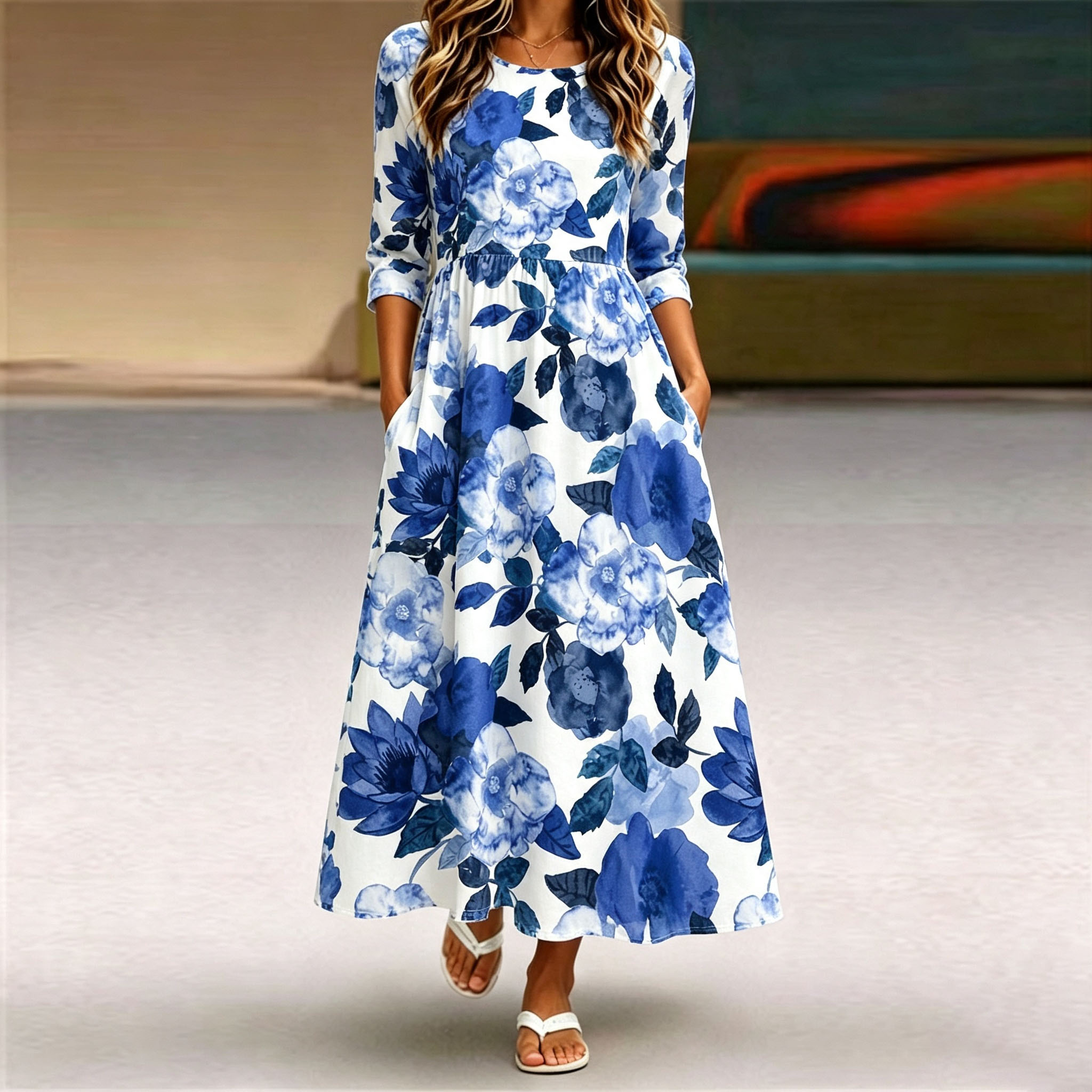 Women's Floral Midi Dress Casual A Line Dress with Pockets Blue Floral Print Long Dress for Women Summer Spring Vacation Outfit-gemscharms