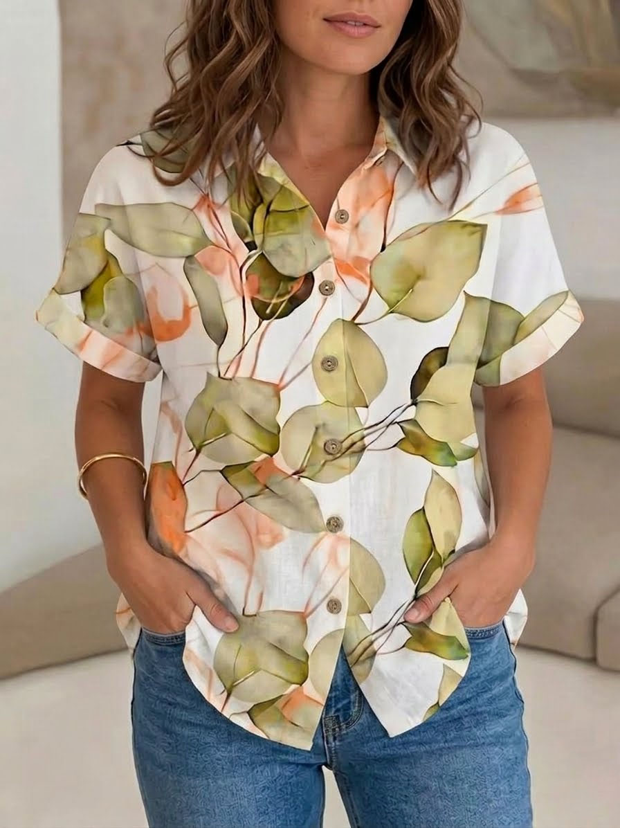 Women's Leaf Print Button Down Shirt – Short Sleeve Floral Blouse, Lightweight Polyester Casual Top for Summer Vacation