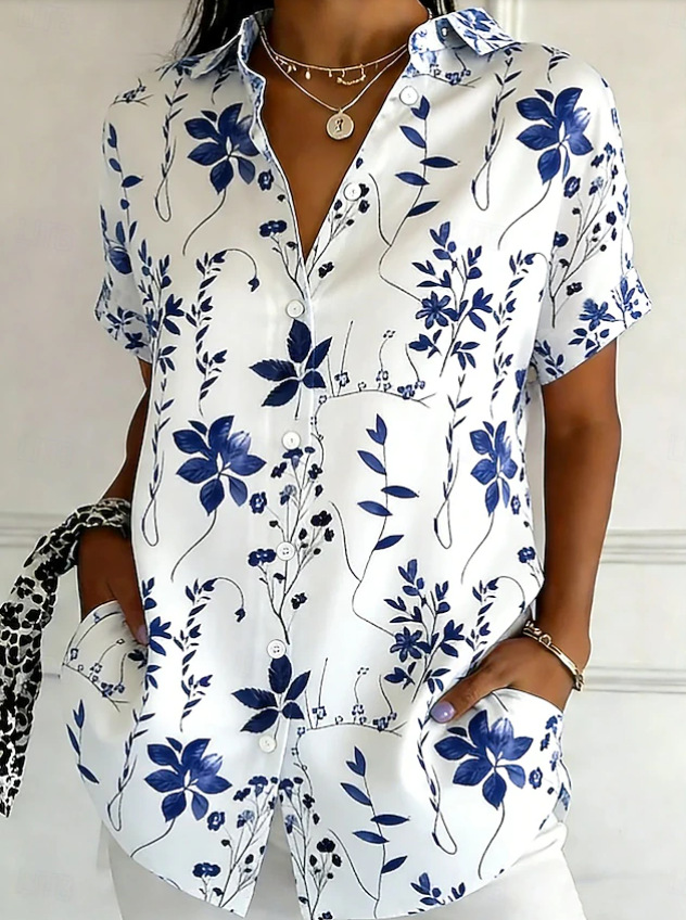 Women's Floral Print Button Down Shirt – Short Sleeve Casual Blouse with Collared Neck, Lightweight Loose Fit Summer Top