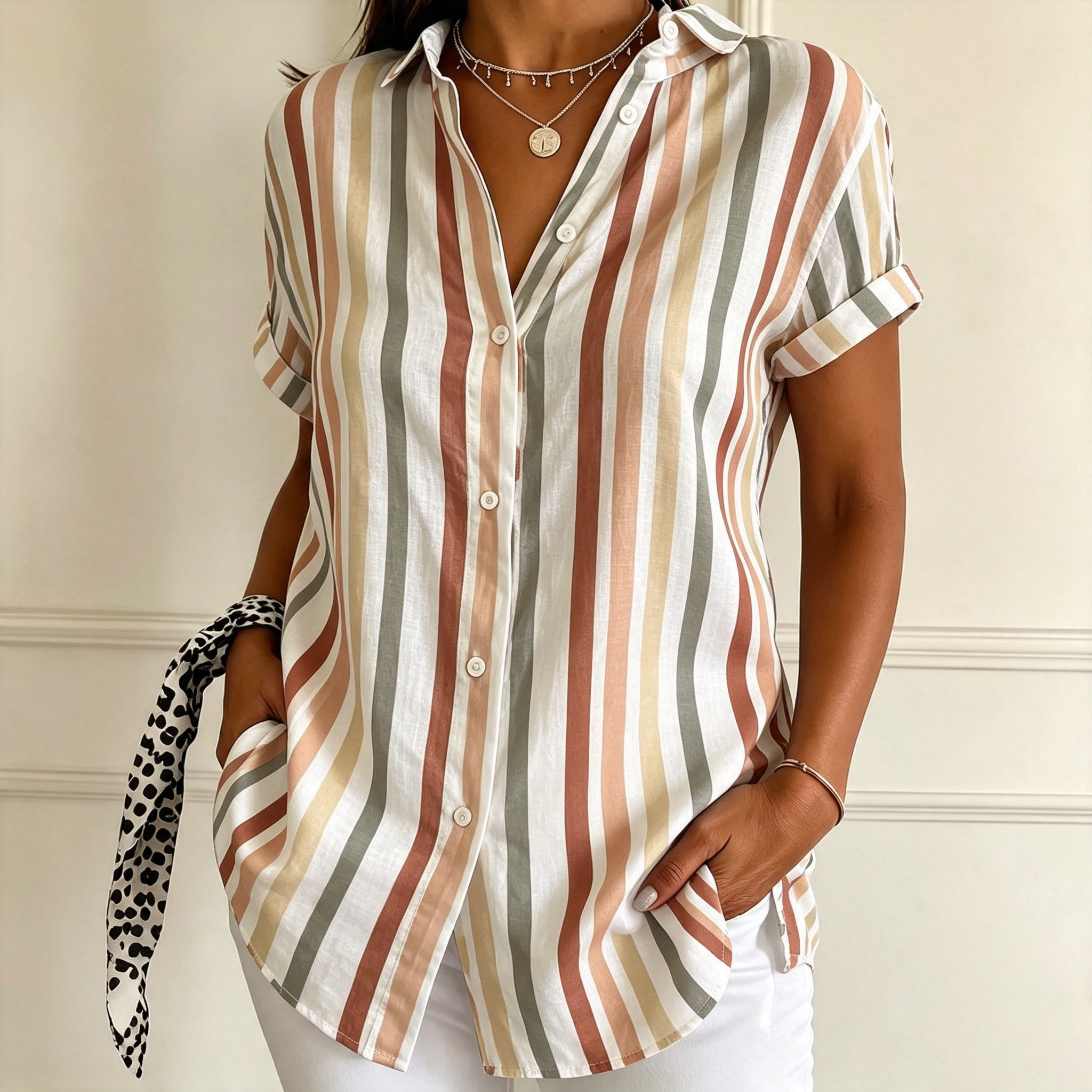 Women's Striped Button Down Shirt – Elegant Vertical Stripe Short Sleeve Blouse with Lightweight Polyester Fabric