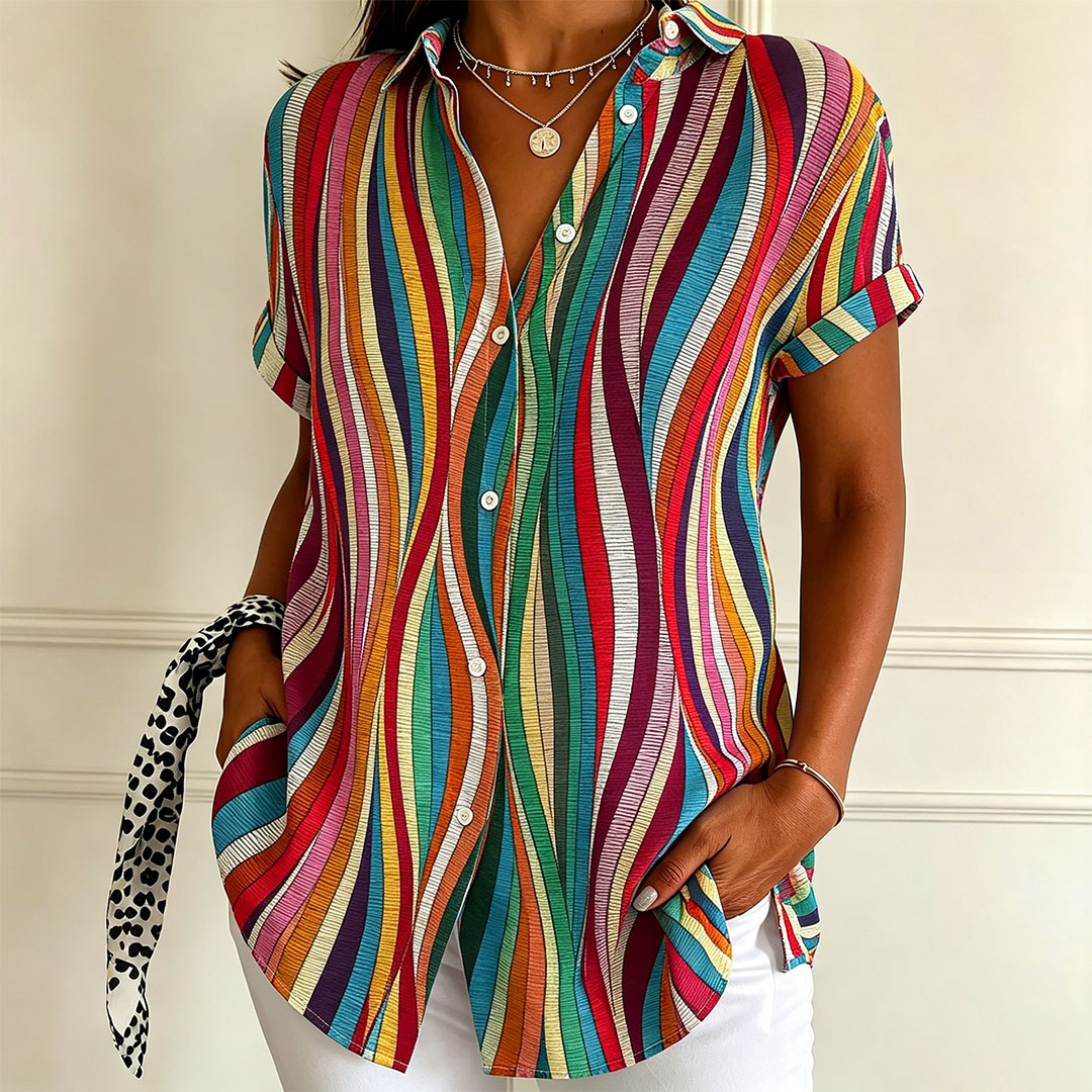 Women’s Colorful Striped Button Down Shirt – Abstract Wave Print Short Sleeve Blouse, Casual Summer Vacation Top