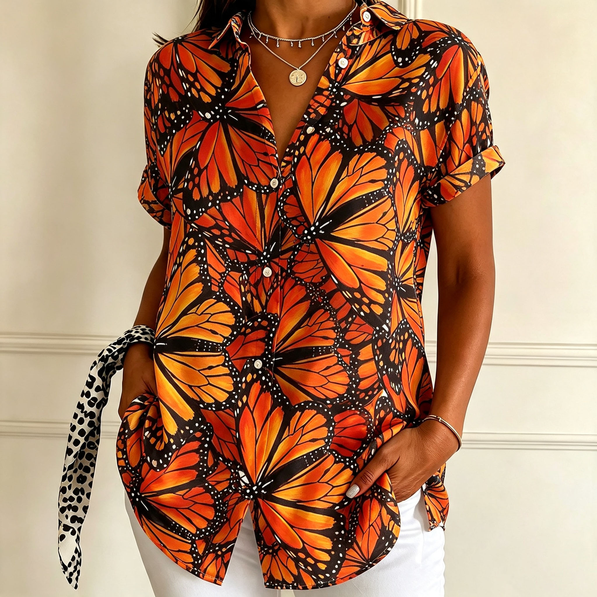 Women's Butterfly Print Button Down Shirt – Short Sleeve Casual Blouse, Lightweight Polyester Summer Fashion Top