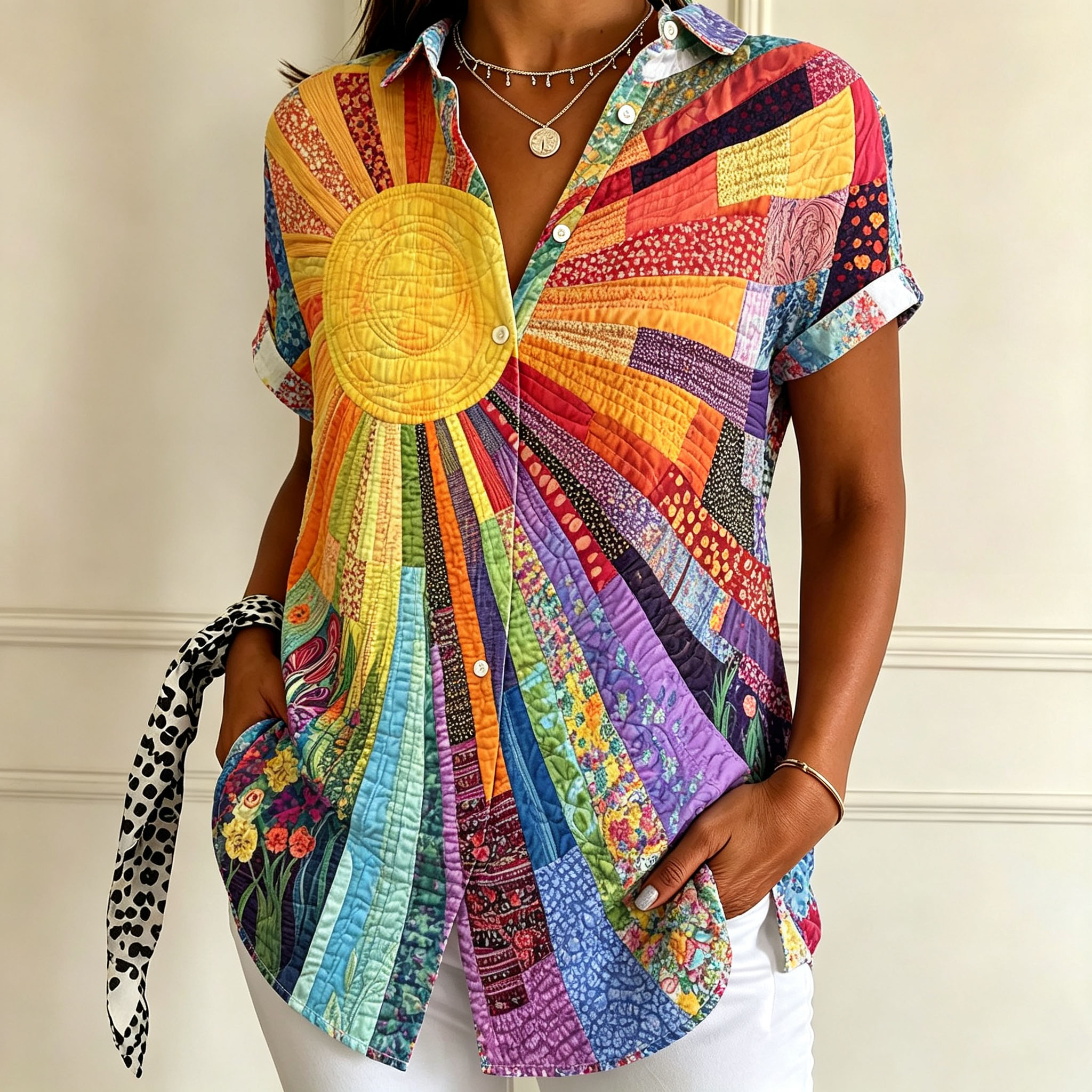 Women’s Colorful Patchwork Print Button Down Shirt – Short Sleeve Casual Blouse with Artistic Boho Pattern, Lightweight Polyester Tops for Women, Summer Vacation Casual Wear