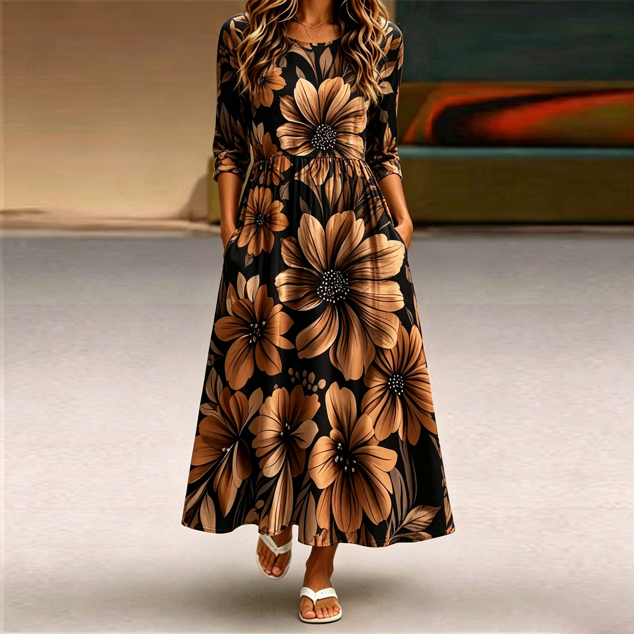 Women’s Floral Maxi Dress, Elegant Black Long Sleeve Flower Print Dress, A-Line Swing Casual Dress with Pockets, Lightweight Polyester Boho Dress for Fall, Party, Vacation & Everyday Wear