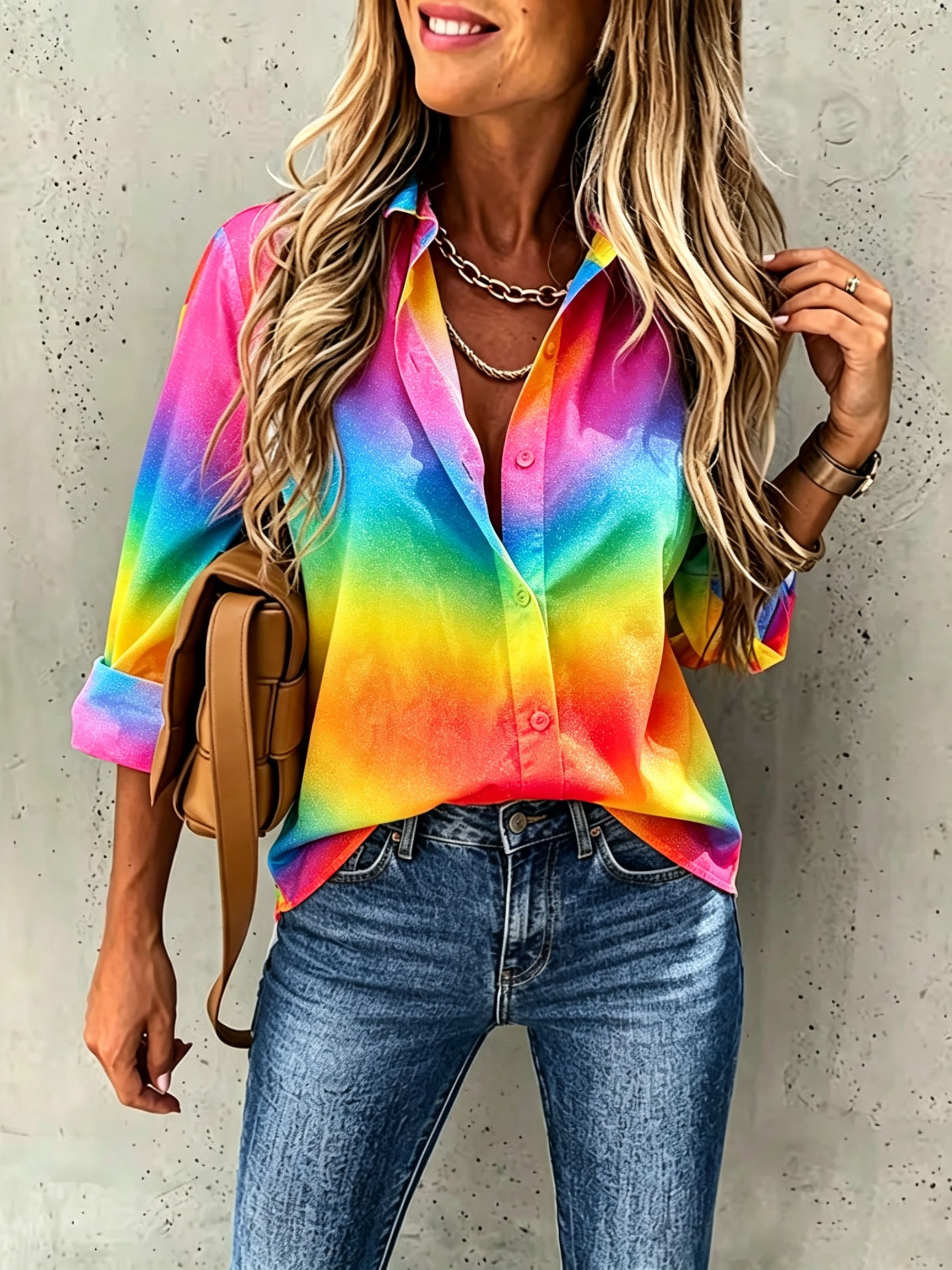 Women's Rainbow Gradient Button Down Shirt Casual Long Sleeve Blouse Colorful Printed Loose Fit Tops Beach Vacation Shirt-gemscharms