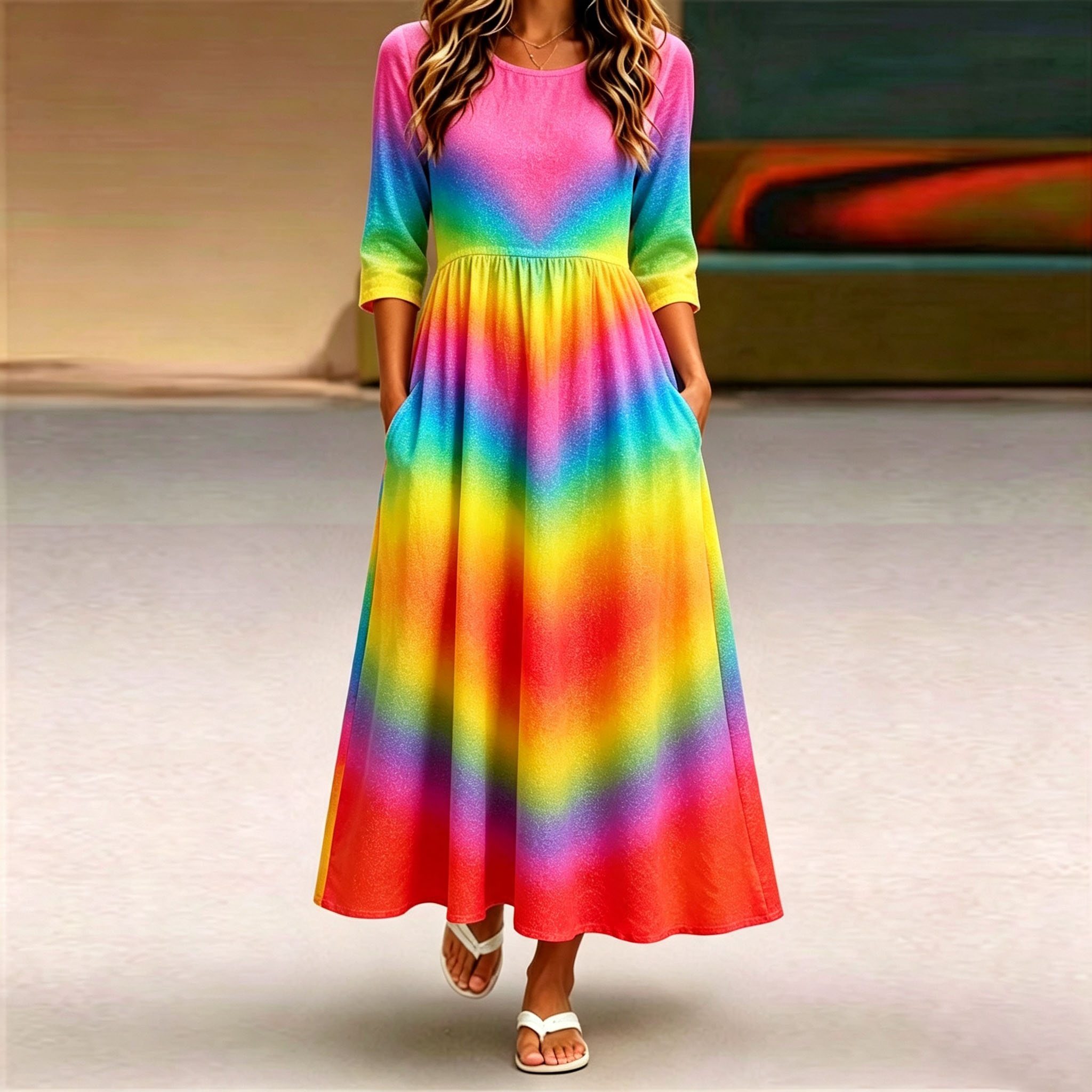 Women’s Rainbow Tie Dye Print Midi Dress – Mid-Length Sleeve Casual Loose Fit Long Dress with Pockets