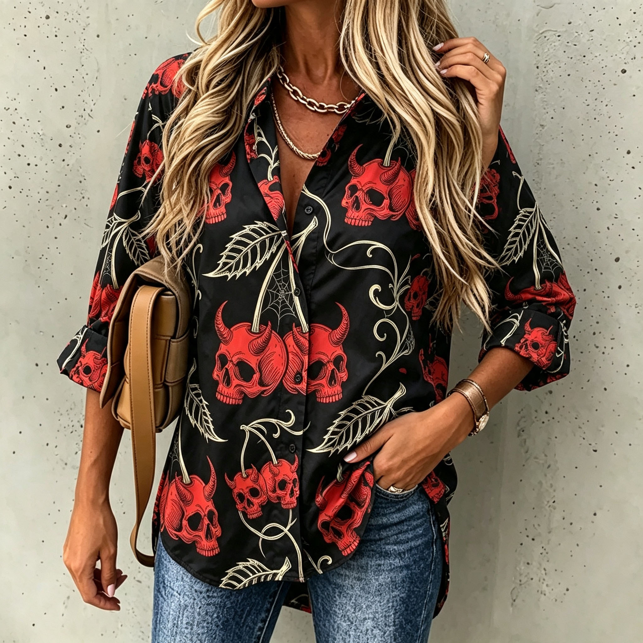 Elegant Special Edition Women's Printed Shirt - Long Sleeve Button- Shirt with Classic Collar, Suitable for Office, Commuting, or Formal Events, Office Attire, Sophisticated Casual