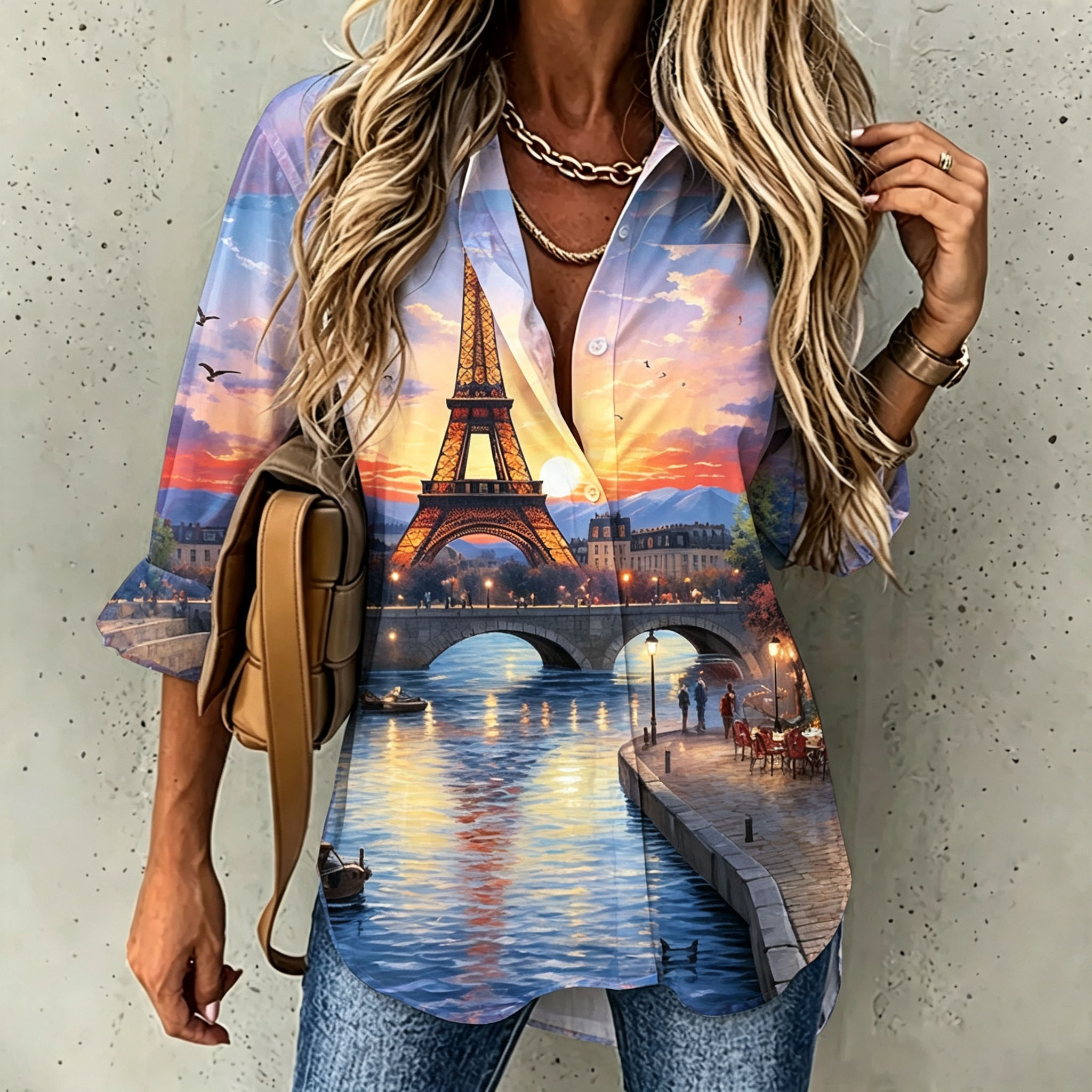 Women's Paris Eiffel Tower Print Button Down Shirt – Long Sleeve Casual Blouse with Romantic City Landscape Design and Relaxed Fit-gemscharms