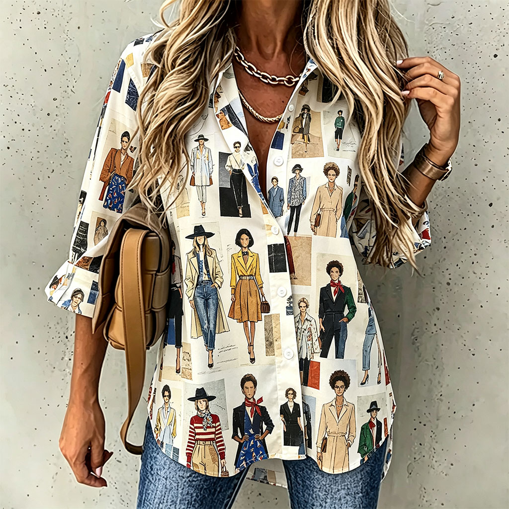 Women’s Fashion Illustration Print Button Down Shirt, Artistic Style Printed Blouse, Casual Loose Fit Long Sleeve Collared Top for Spring Summer Fall-gemscharms