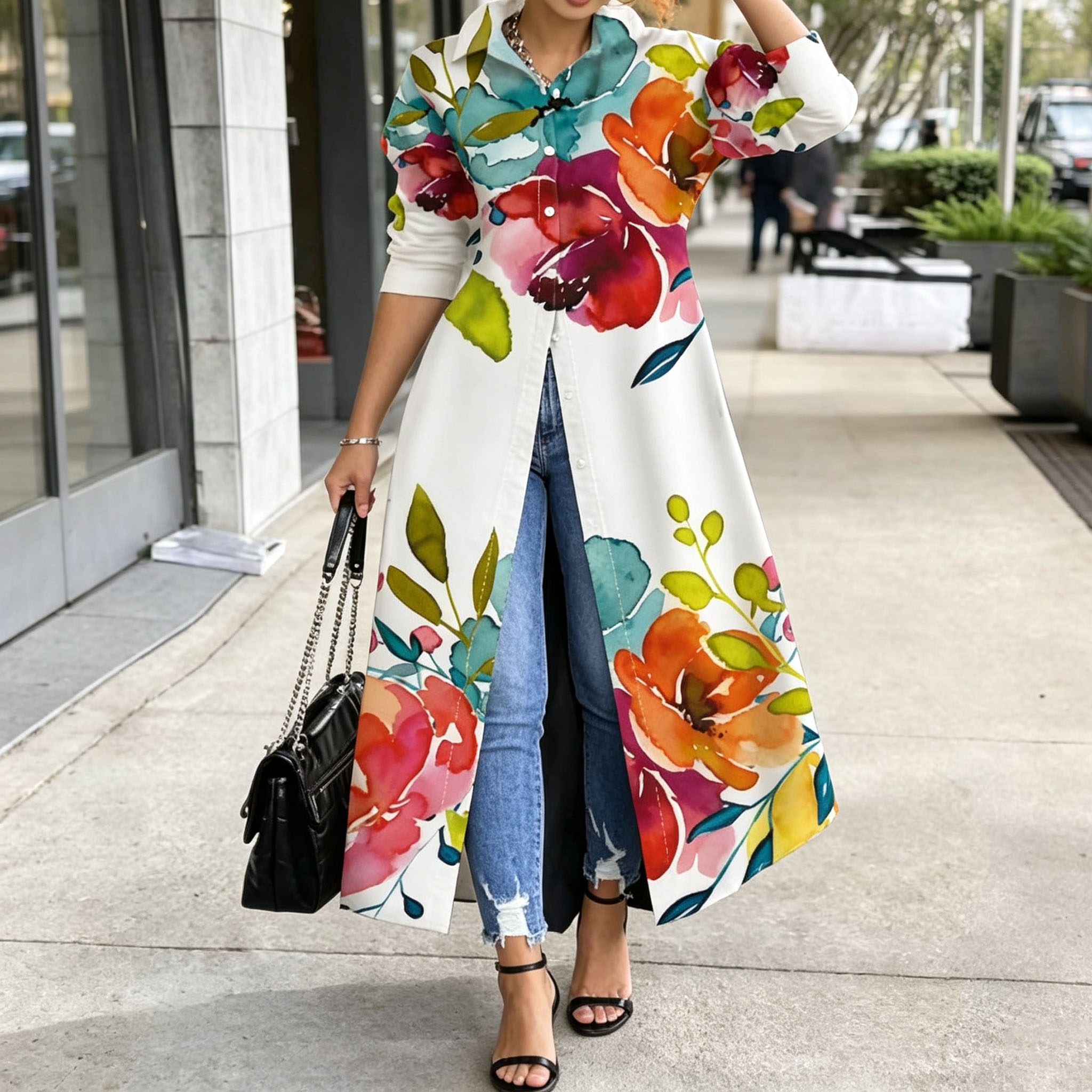 Women's Floral Print Shirt Dress, Long Sleeve Button Down Tunic Dress, Elegant Loose Fit Maxi Blouse Dress, Casual Vacation Dress for Women-gemscharms