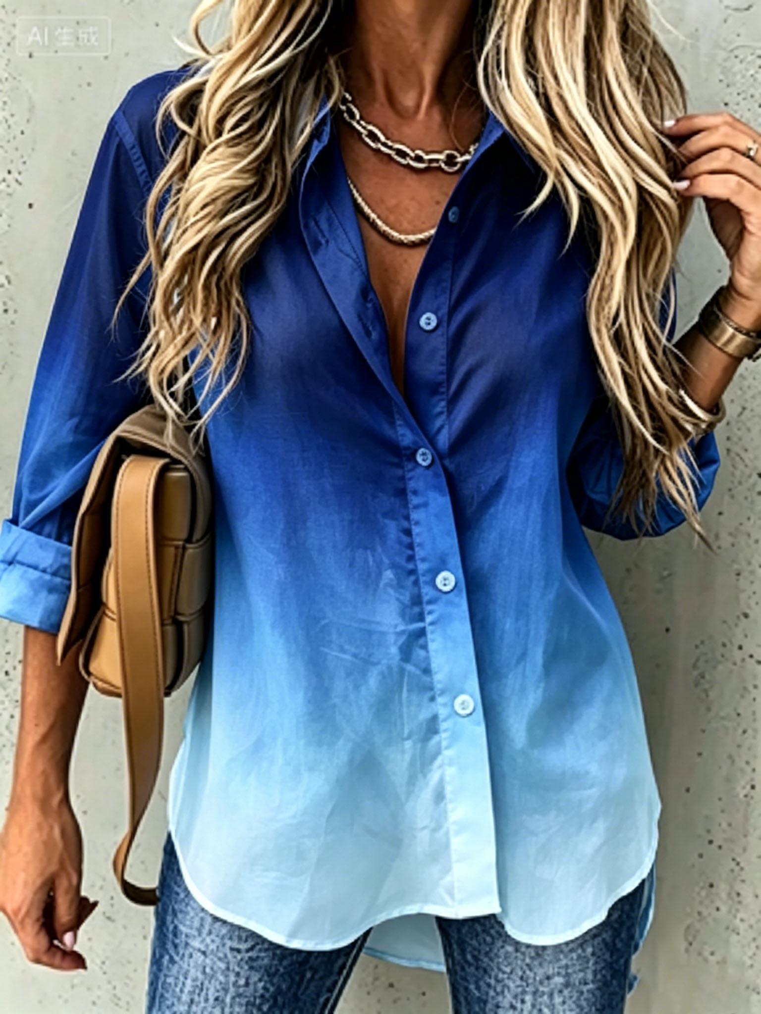 Women’s Ombre Blue Button Down Shirt – Elegant Long Sleeve Blouse with Casual Loose Fit