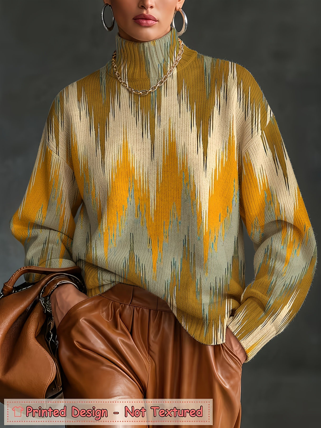  Women's High Neck Oversized Sweater, Abstract Ikat Print Loose Long Sleeve Casual Pullover Knit Top for Fall Winter